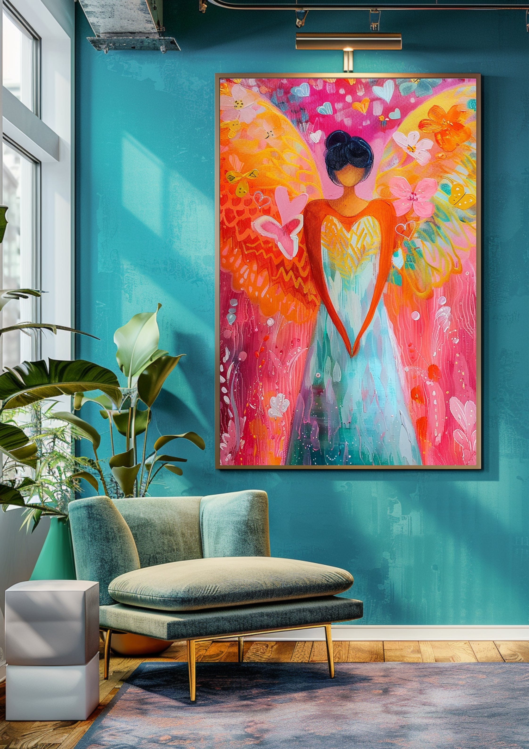 Poster-Engel Poster Wandbild, Abstraktes Engelsbild mit Herz, Pink Orange Türkis Kunst, Spirituelle Wanddekoration, Moderne Wohnzimmer Deko