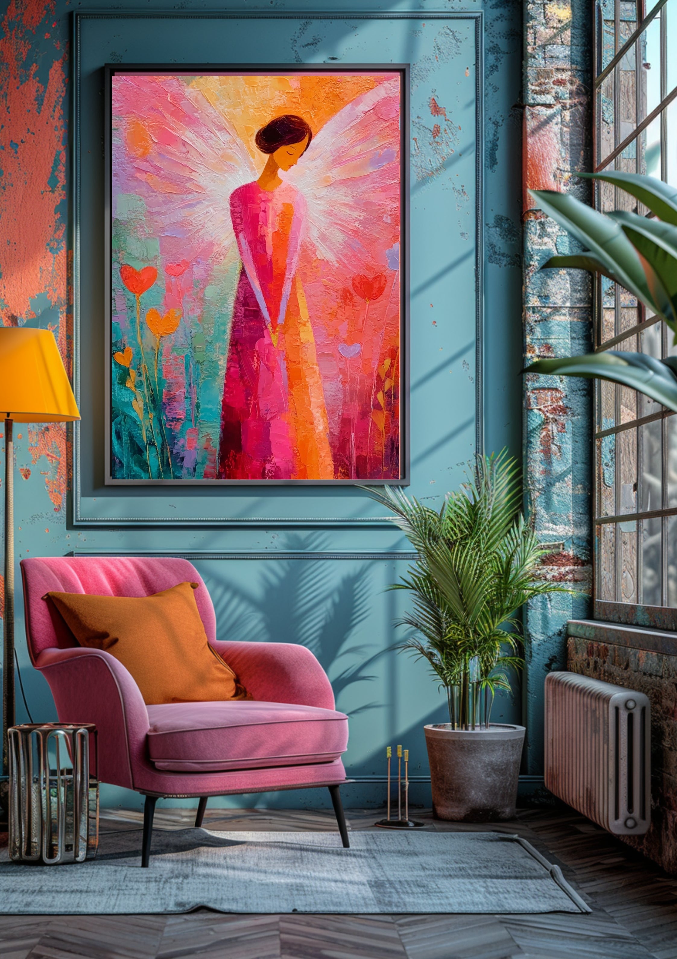 Poster-Engel Poster Wandbild, Modernes Engelsbild mit Herz, Abstrakte Kunst in Pink Orange Türkis, Spirituelle Wanddekoration, Wohnzimmer Deko