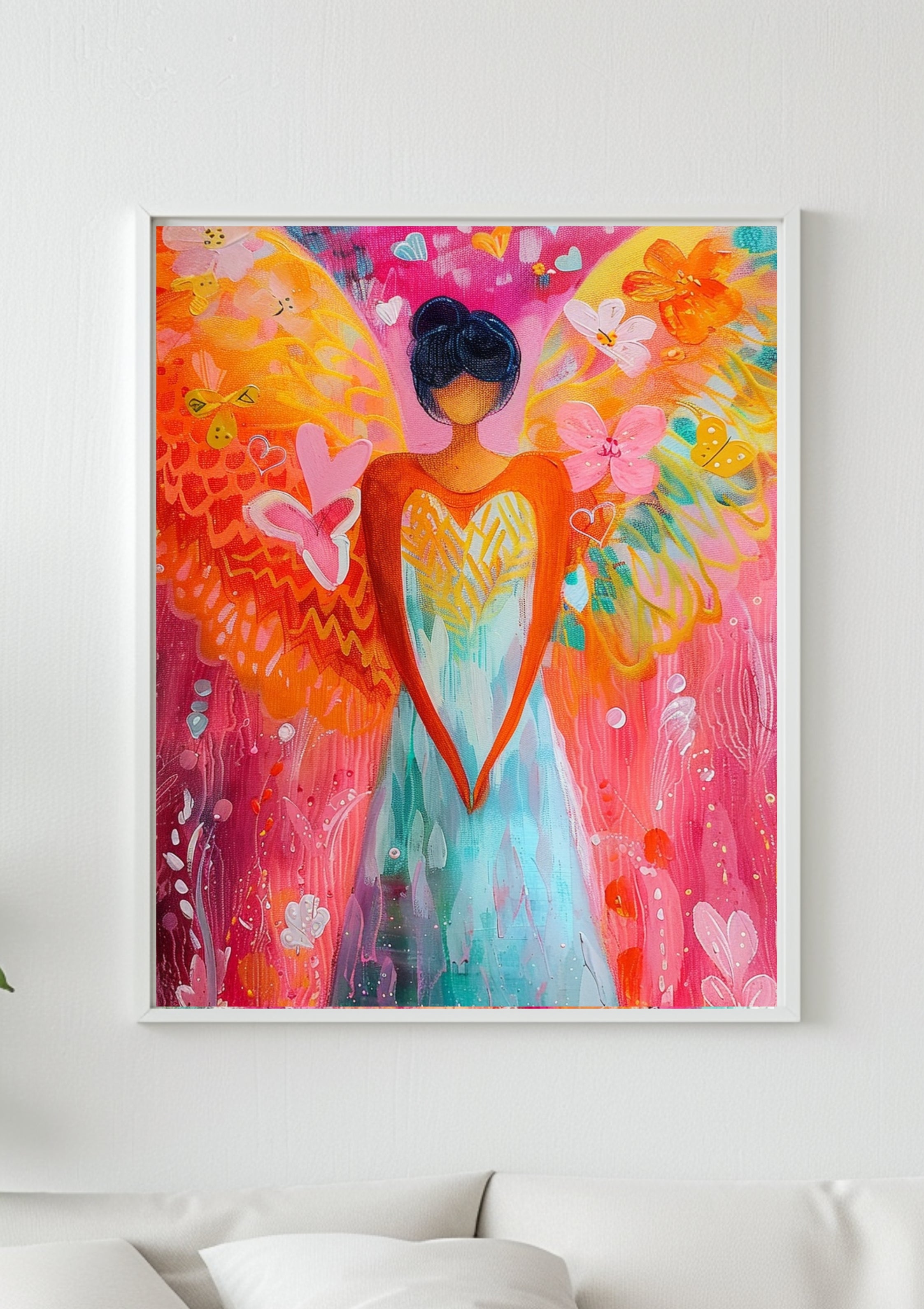 Poster-Engel Poster Wandbild, Abstraktes Engelsbild mit Herz, Pink Orange Türkis Kunst, Spirituelle Wanddekoration, Moderne Wohnzimmer Deko