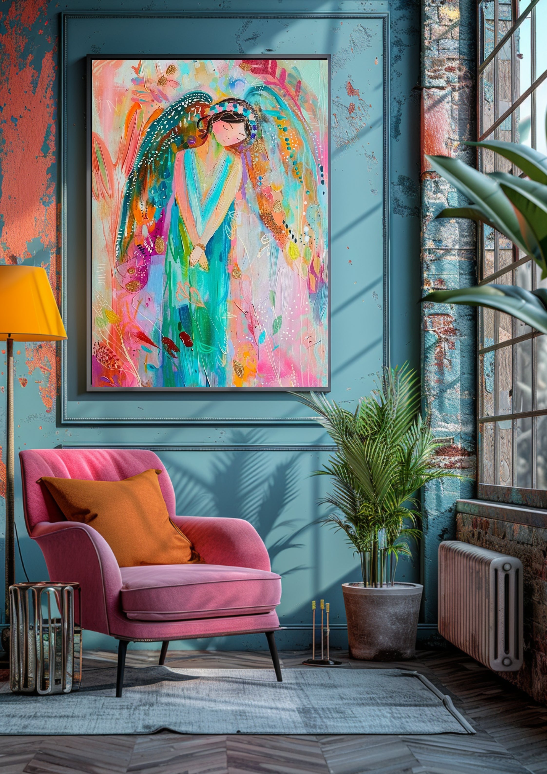 Poster-Engel Poster Boho Goldflügel – Premium Wandkunst mit Blumen Kleid und Kerze für Wohnzimmer Wanddeko ästhetische Kunst