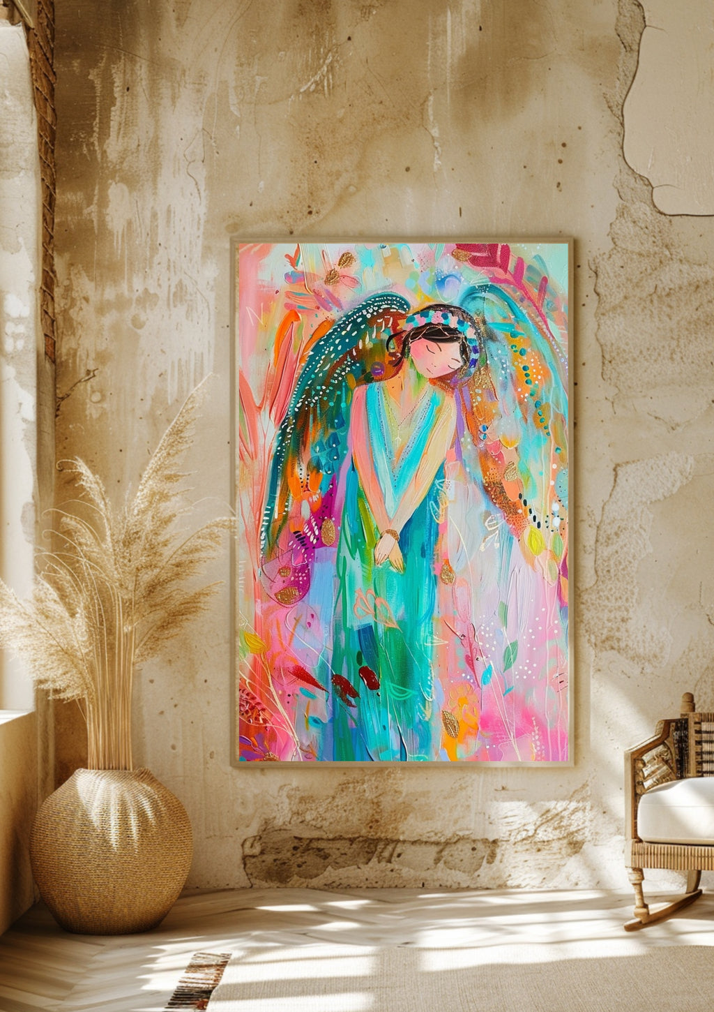 Poster-Engel Poster Boho Goldflügel – Premium Wandkunst mit Blumen Kleid und Kerze für Wohnzimmer Wanddeko ästhetische Kunst
