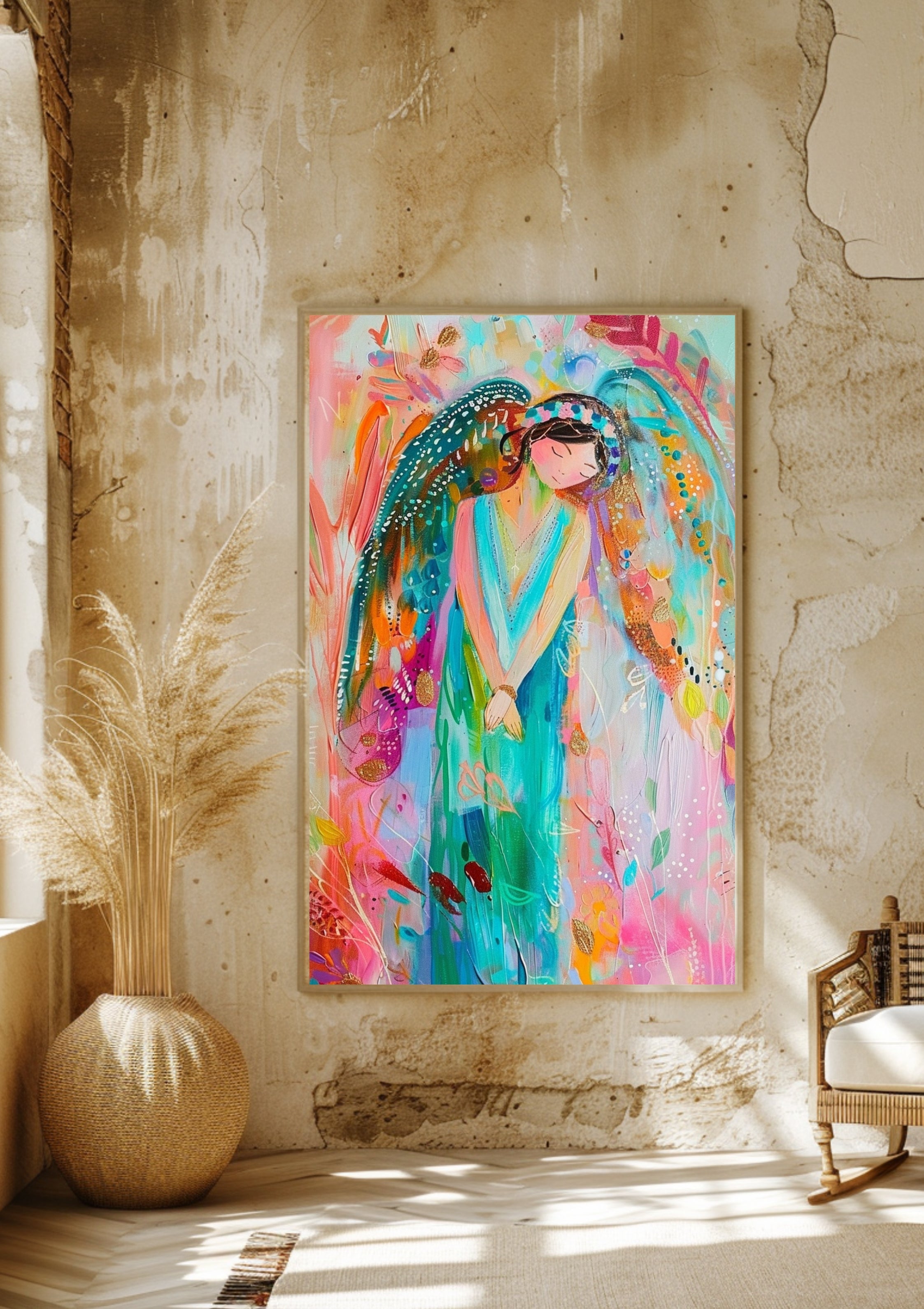 Poster-Engel Poster Boho Goldflügel – Premium Wandkunst mit Blumen Kleid und Kerze für Wohnzimmer Wanddeko ästhetische Kunst