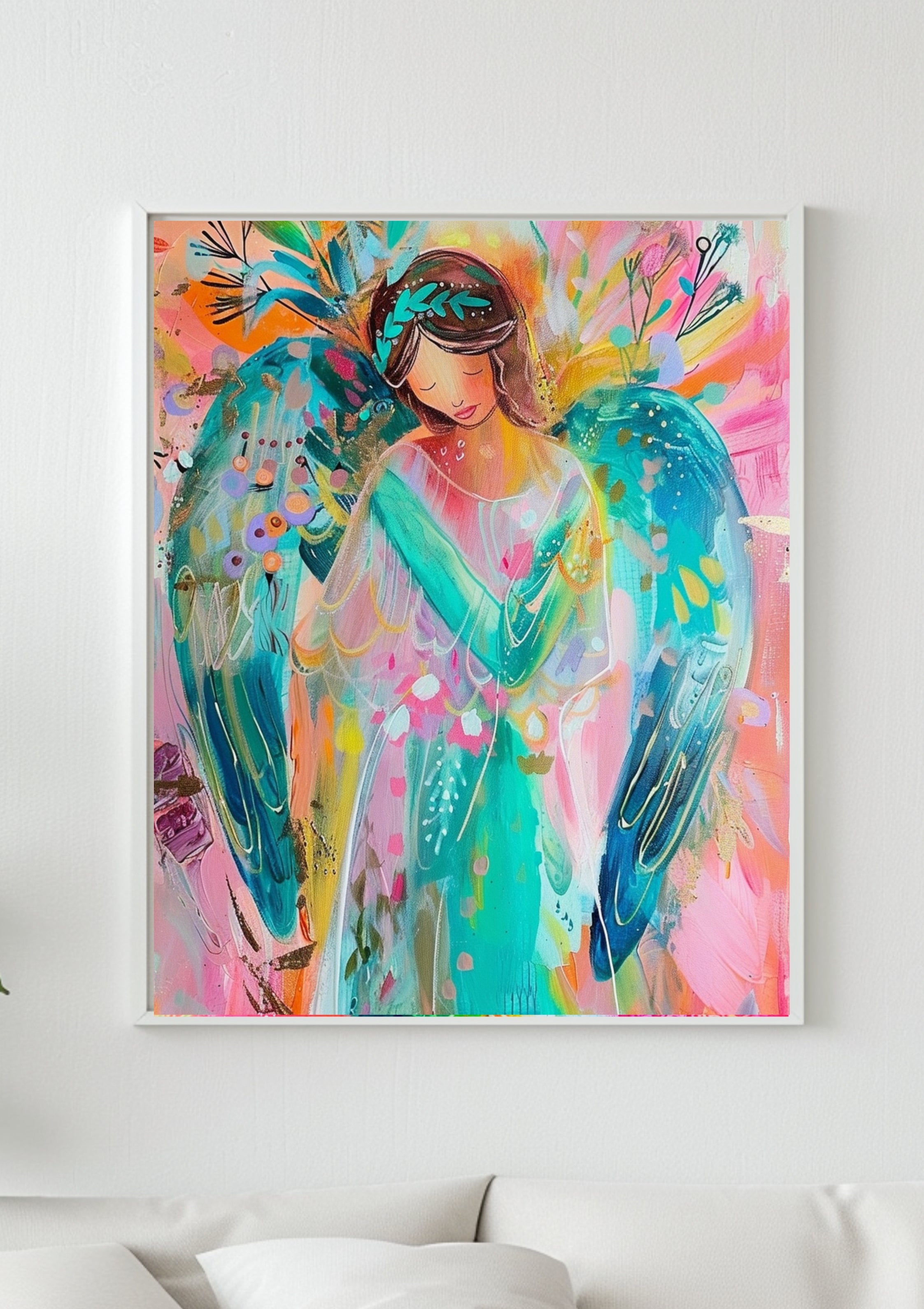 Poster-Schlafender Engel Kunstdruck – Abstrakte moderne Engelsmalerei in leuchtenden Farben, Boho Wandkunst mit spiritueller Energie, Soul Magic Art