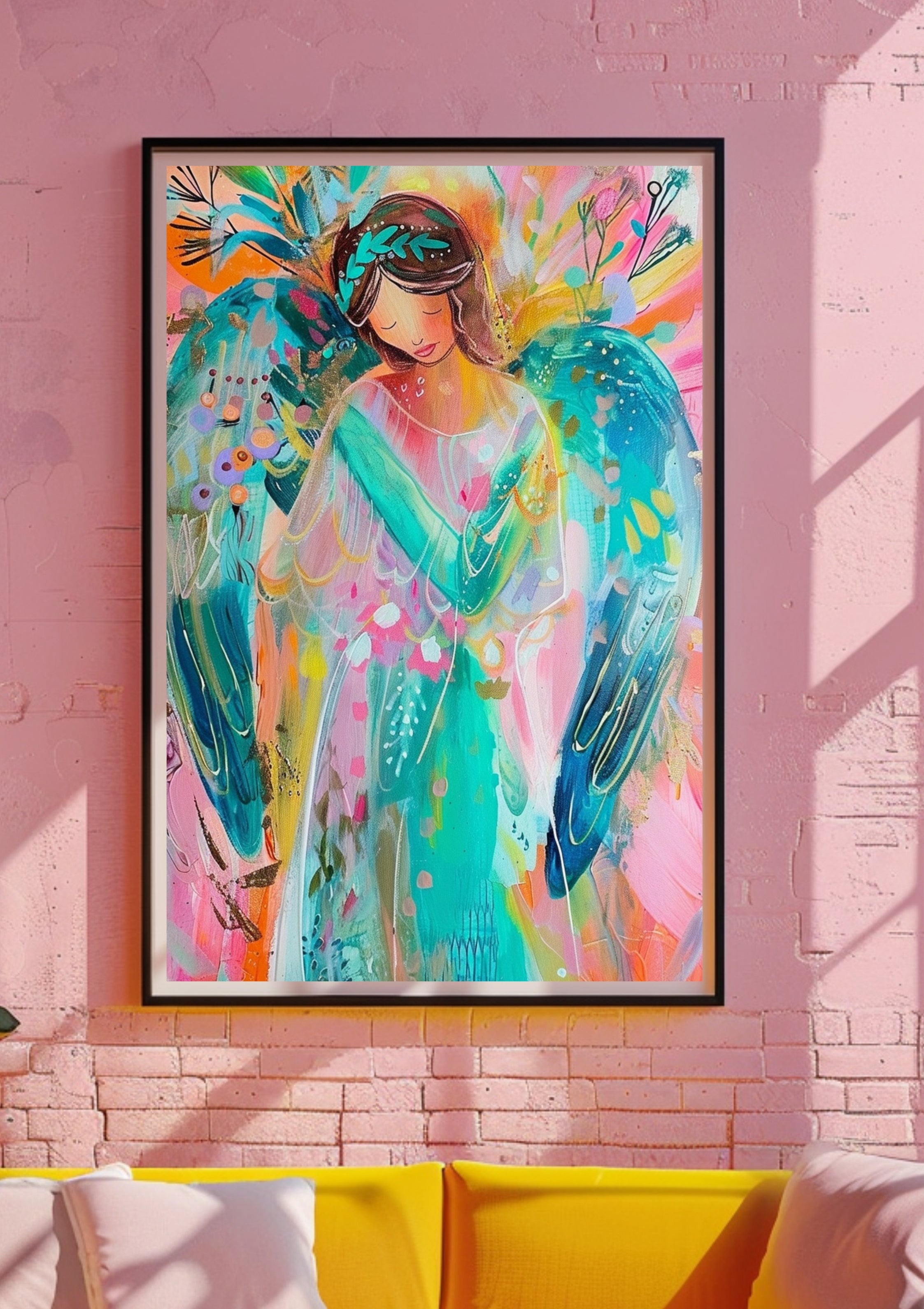 Poster-Schlafender Engel Kunstdruck – Abstrakte moderne Engelsmalerei in leuchtenden Farben, Boho Wandkunst mit spiritueller Energie, Soul Magic Art