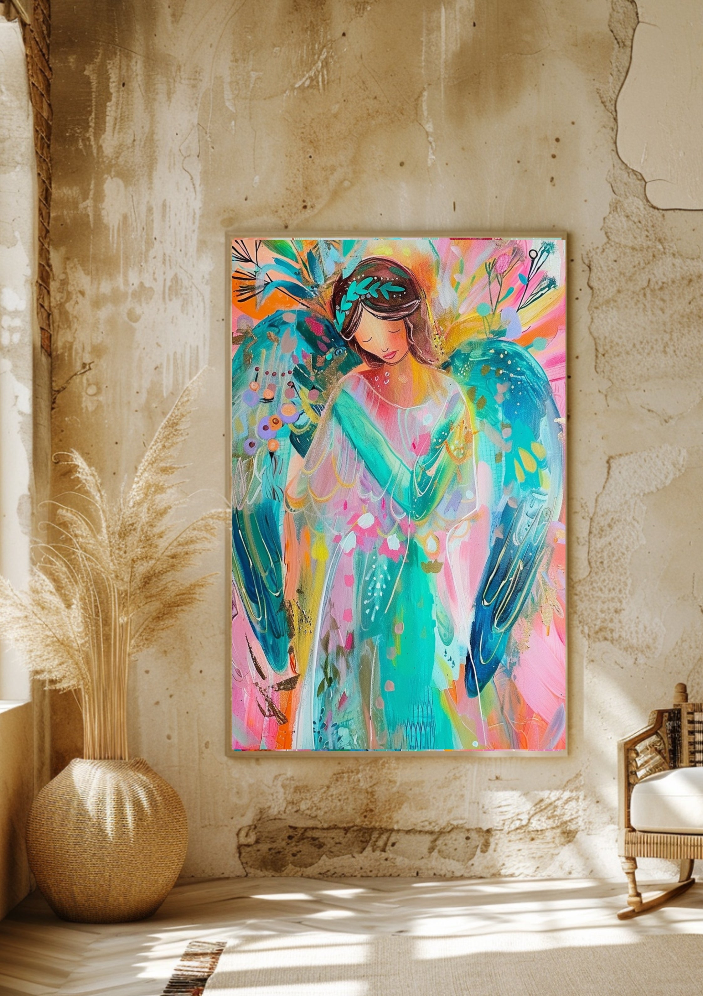 Poster-Schlafender Engel Kunstdruck – Abstrakte moderne Engelsmalerei in leuchtenden Farben, Boho Wandkunst mit spiritueller Energie, Soul Magic Art