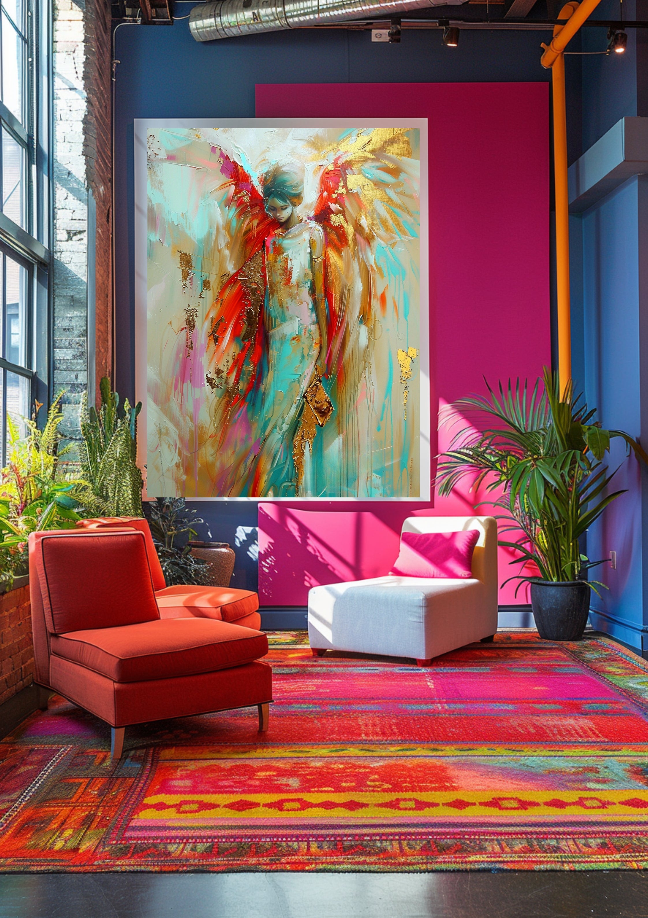 Poster-Engel Poster Frau, Schutzengel Wandbild, Abstrakte Kunst mit Goldflügeln, Spiritueller Kunstdruck, Boho Wanddeko, Geschenk für Frauen