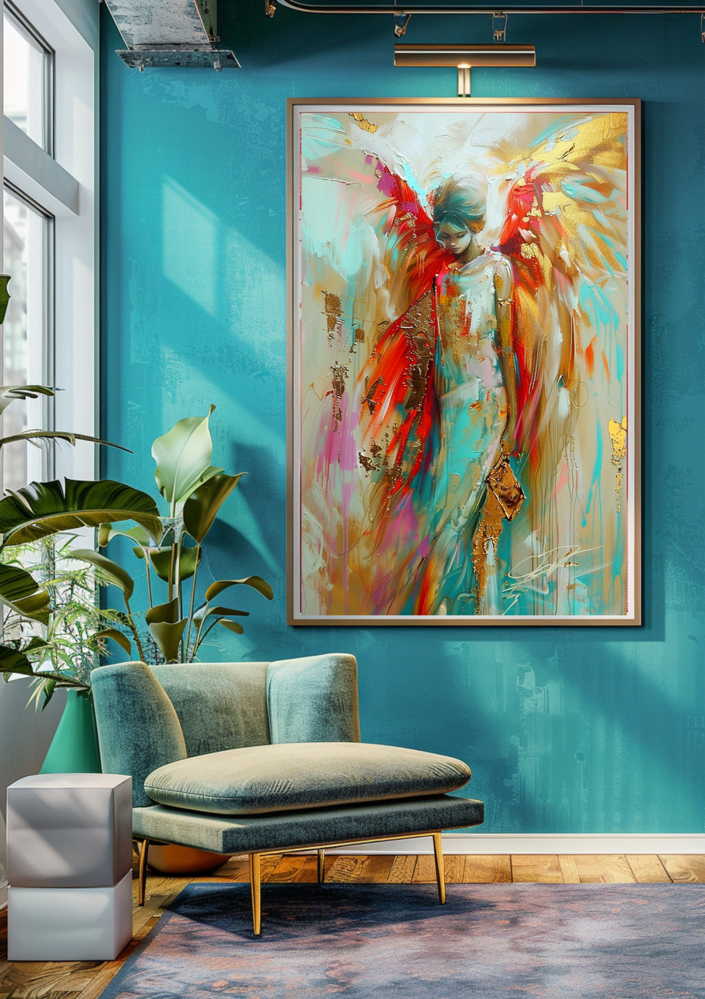 Poster-Engel Poster Frau, Schutzengel Wandbild, Abstrakte Kunst mit Goldflügeln, Spiritueller Kunstdruck, Boho Wanddeko, Geschenk für Frauen