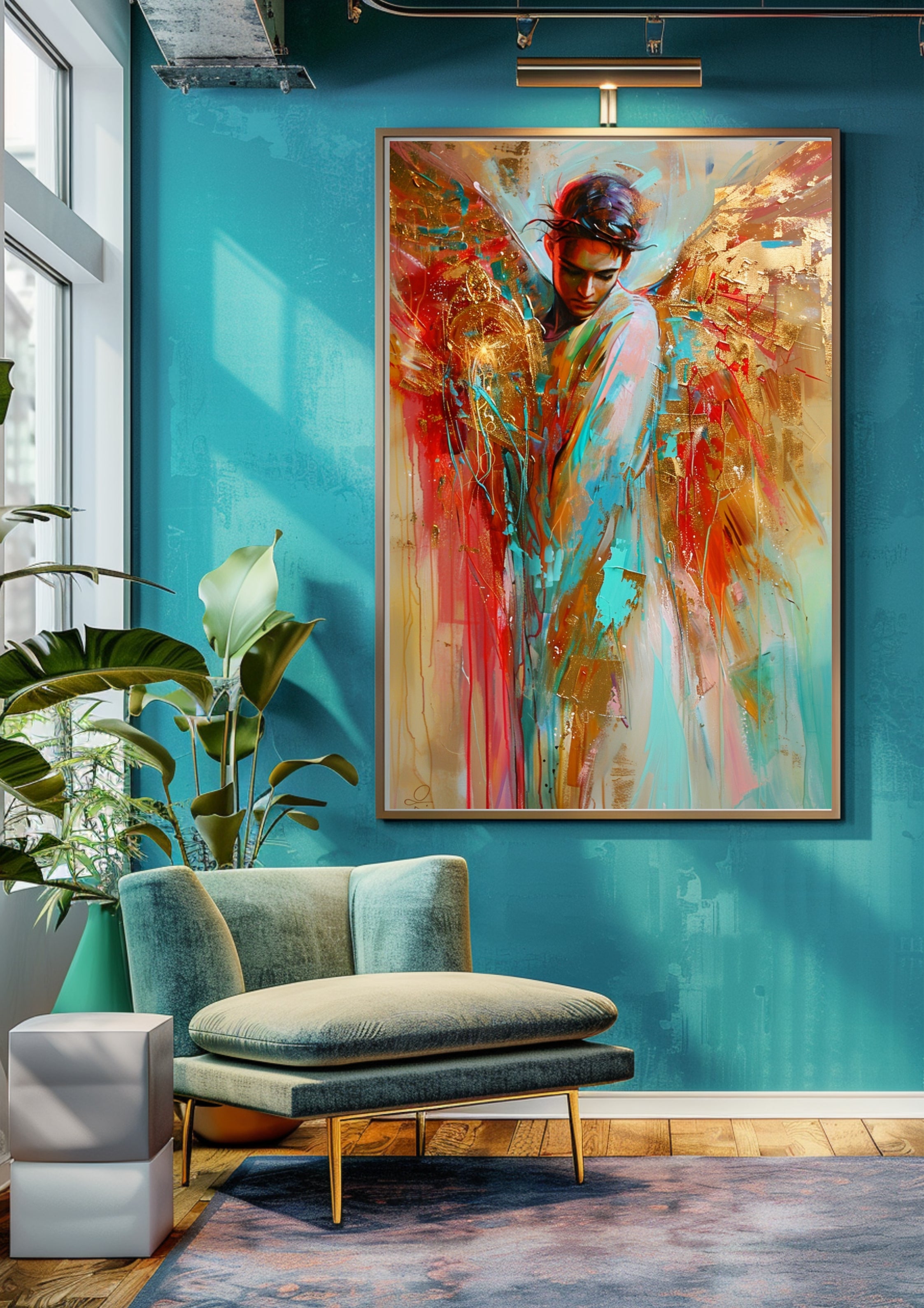 Männlicher Engel Poster, Schutzengel Wandbild, Abstrakte Kunst mit Goldflügeln, Spiritueller Kunstdruck, Boho Wanddeko, Geschenk für Männer