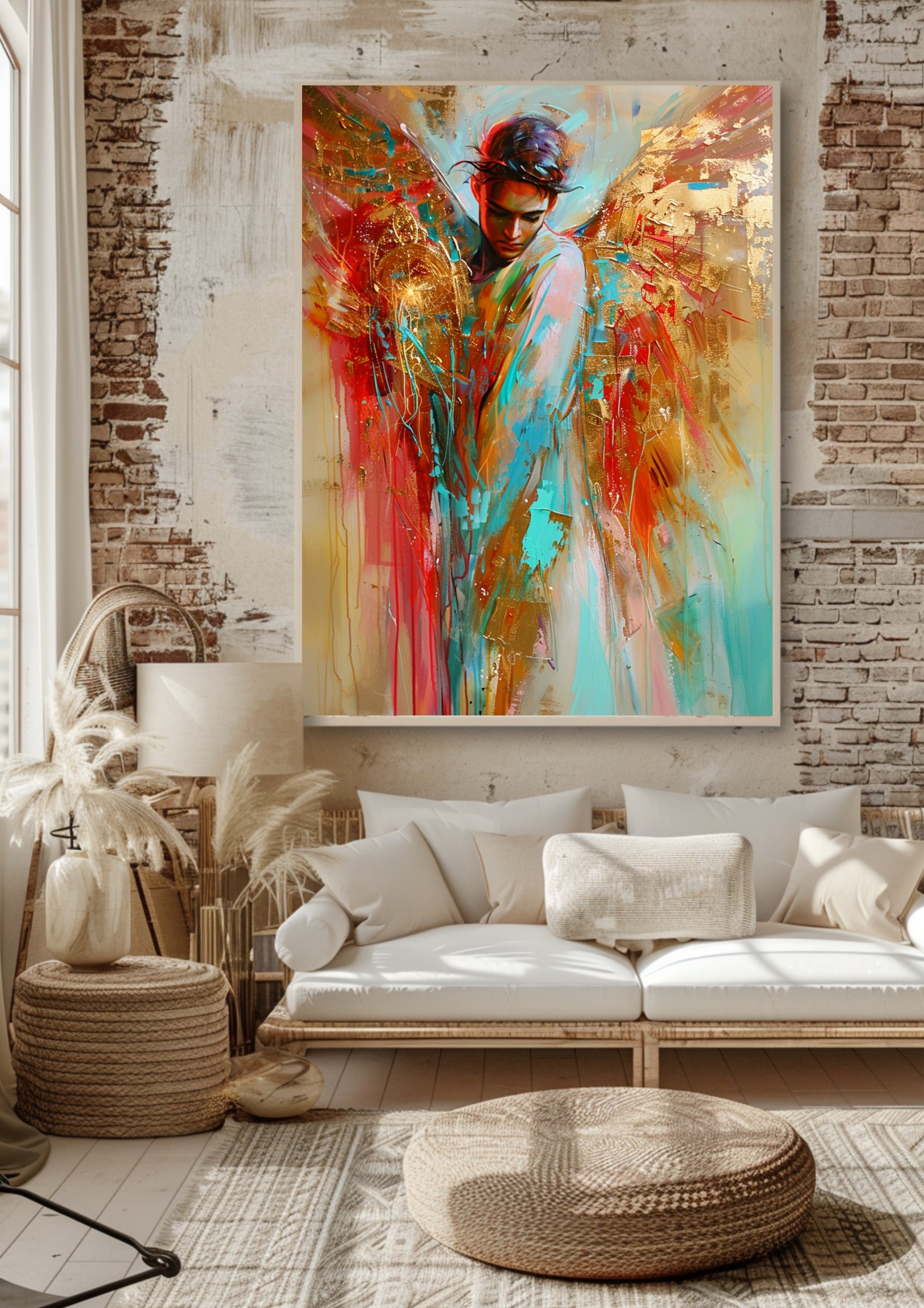 Männlicher Engel Poster, Schutzengel Wandbild, Abstrakte Kunst mit Goldflügeln, Spiritueller Kunstdruck, Boho Wanddeko, Geschenk für Männer