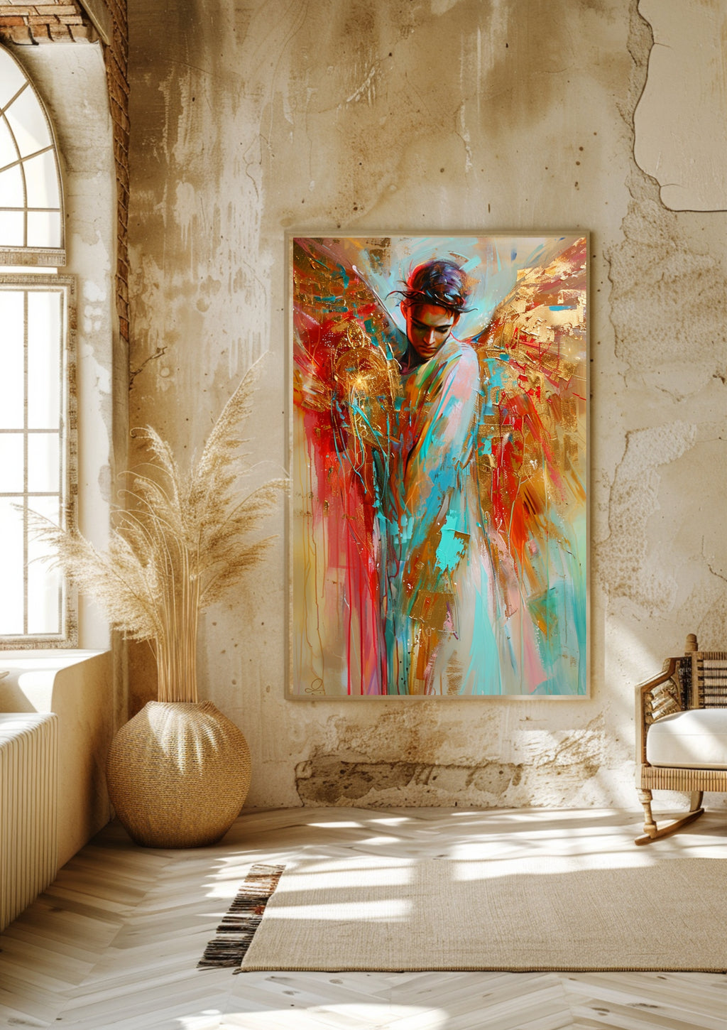 Männlicher Engel Poster, Schutzengel Wandbild, Abstrakte Kunst mit Goldflügeln, Spiritueller Kunstdruck, Boho Wanddeko, Geschenk für Männer