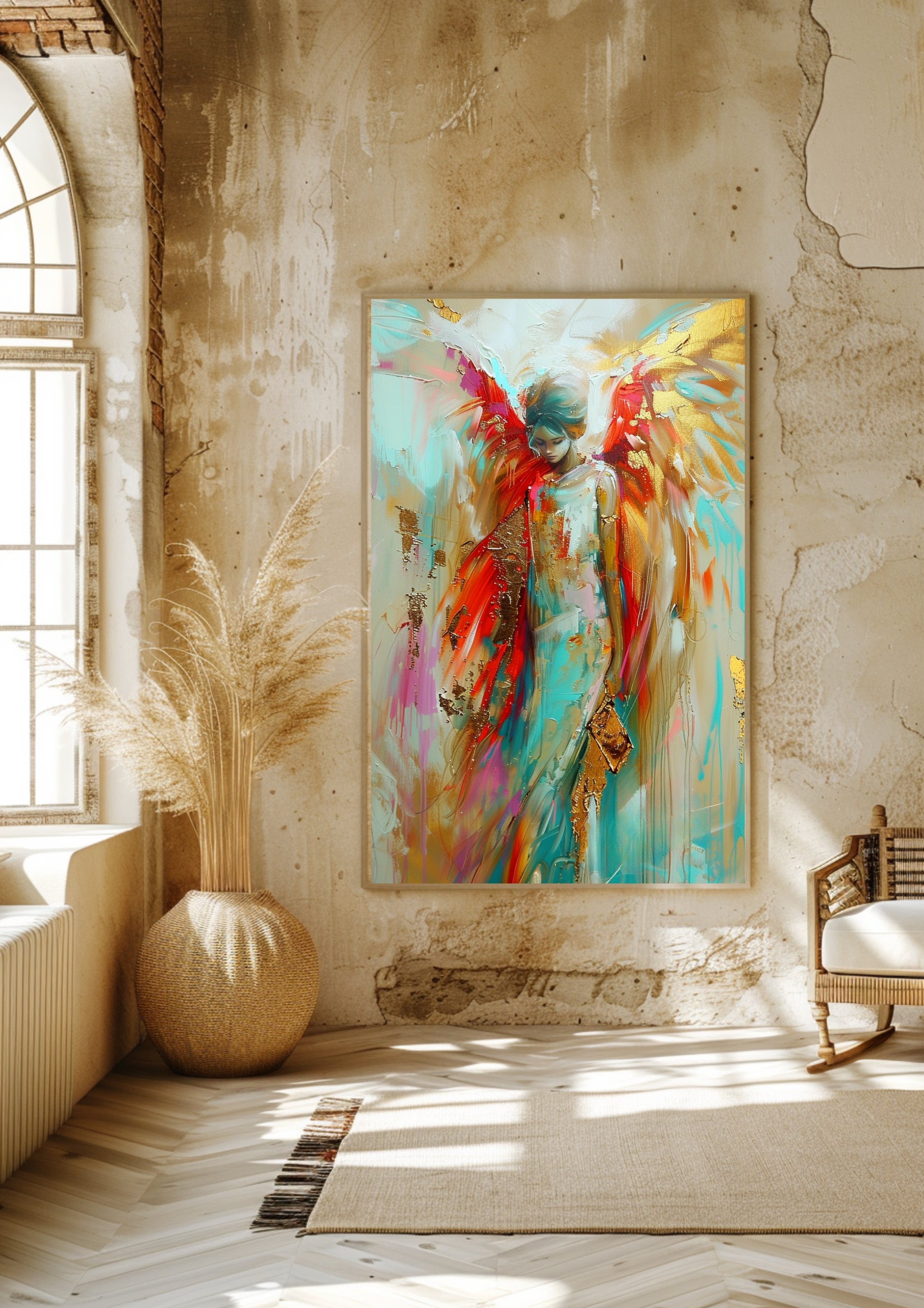 Poster-Engel Poster Frau, Schutzengel Wandbild, Abstrakte Kunst mit Goldflügeln, Spiritueller Kunstdruck, Boho Wanddeko, Geschenk für Frauen