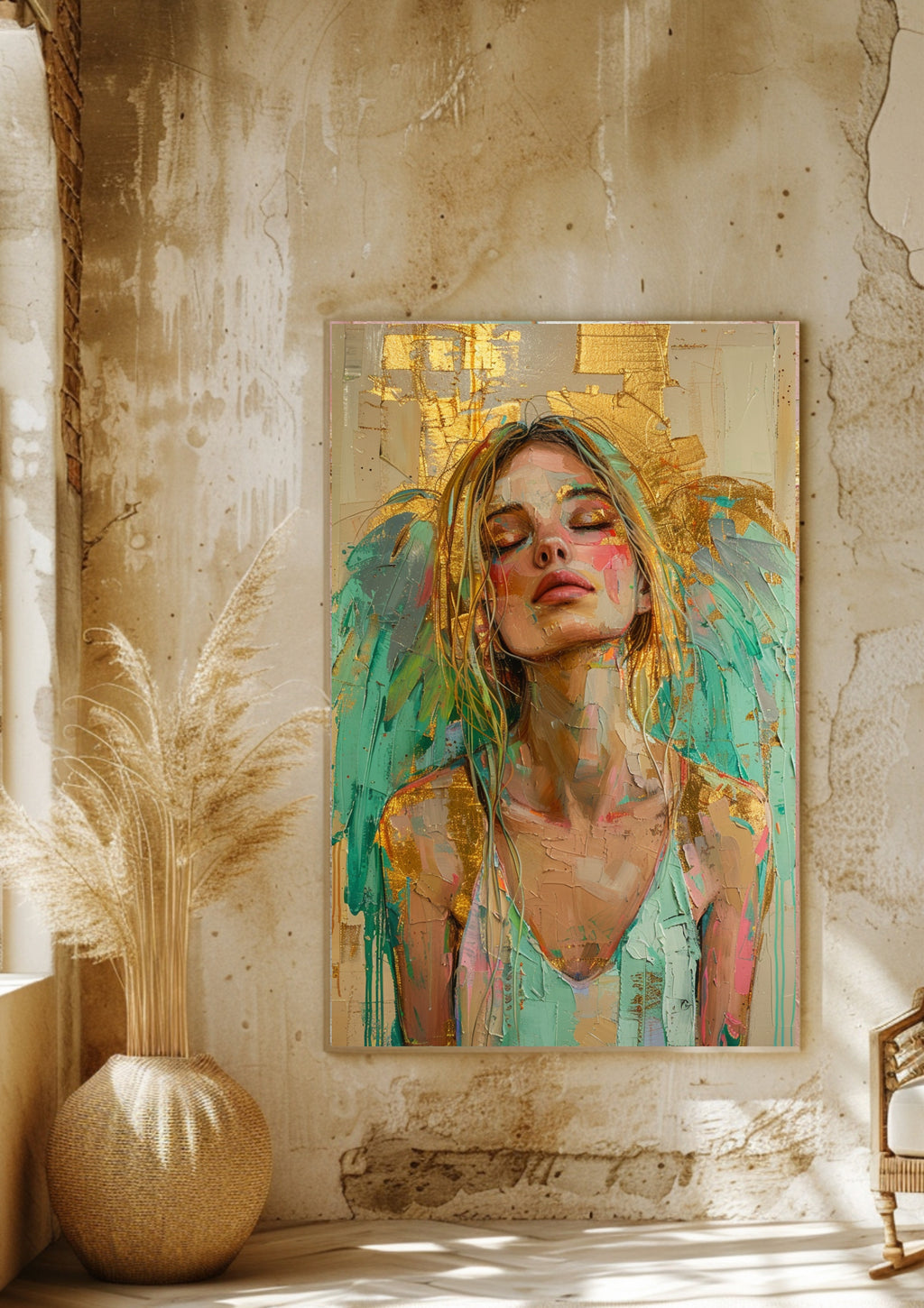 Poster Moderner Kunstdruck, Gold Türkis Engel Poster, Spirituelle Wanddeko, Abstraktes Engelbild Boho Art