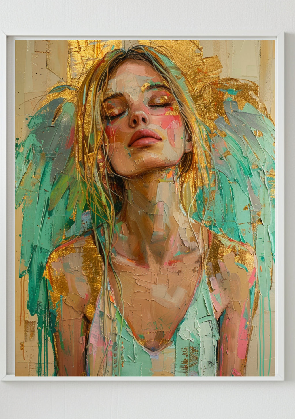 Poster Moderner Kunstdruck, Gold Türkis Engel Poster, Spirituelle Wanddeko, Abstraktes Engelbild Boho Art