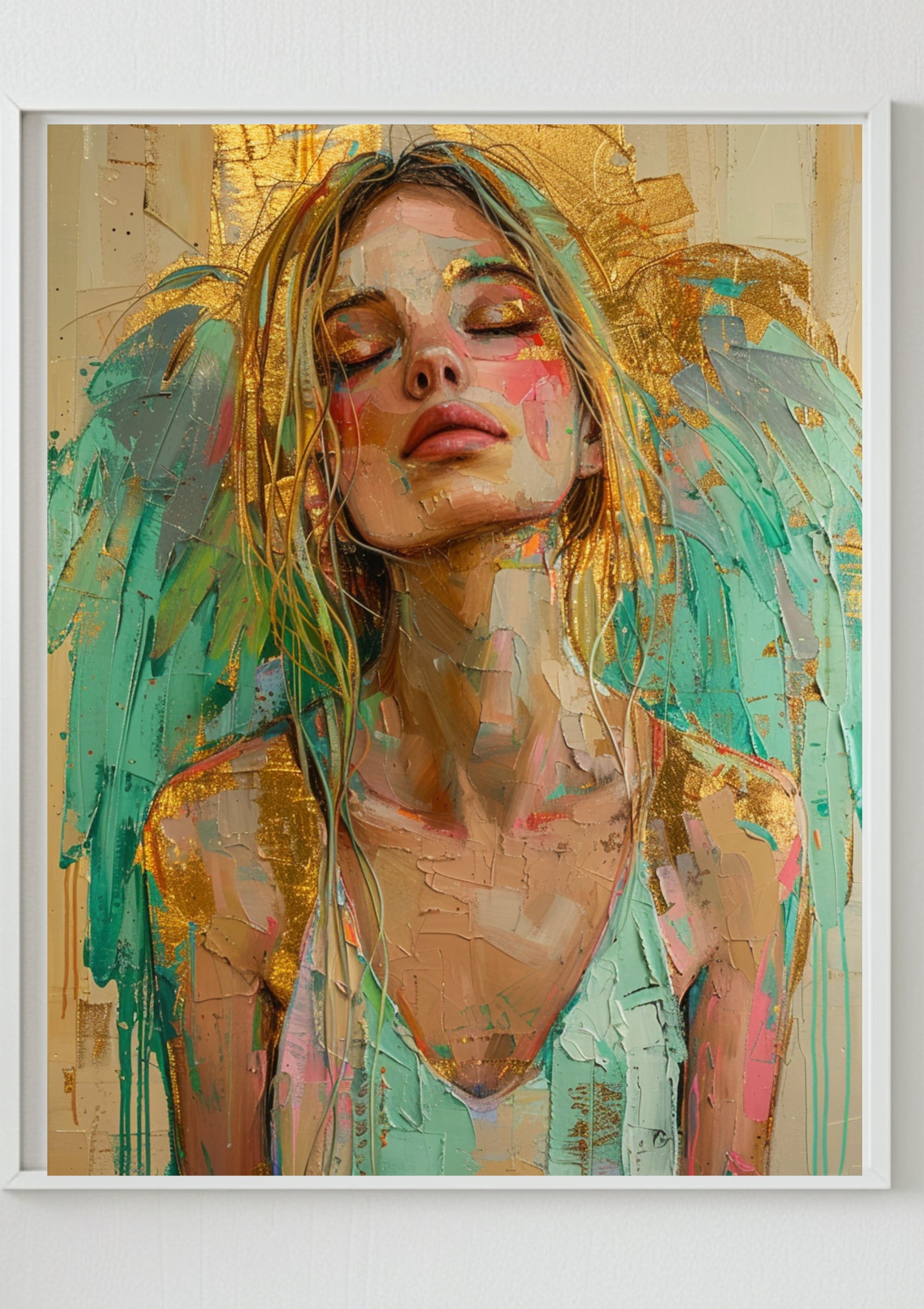 Poster Moderner Kunstdruck, Gold Türkis Engel Poster, Spirituelle Wanddeko, Abstraktes Engelbild Boho Art