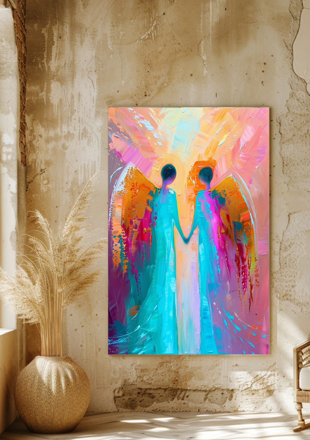 Poster-Wandbild, Poster, Wanddekoration, Engel Poster, Engelbild, Spirituelle Kunst, Abstrakte Kunst, Kunstprint, Wohnzimmer Deko, Moderne Wandkunst, Himmlisches Poster, Bunte Kunst, Engelpaar Bild