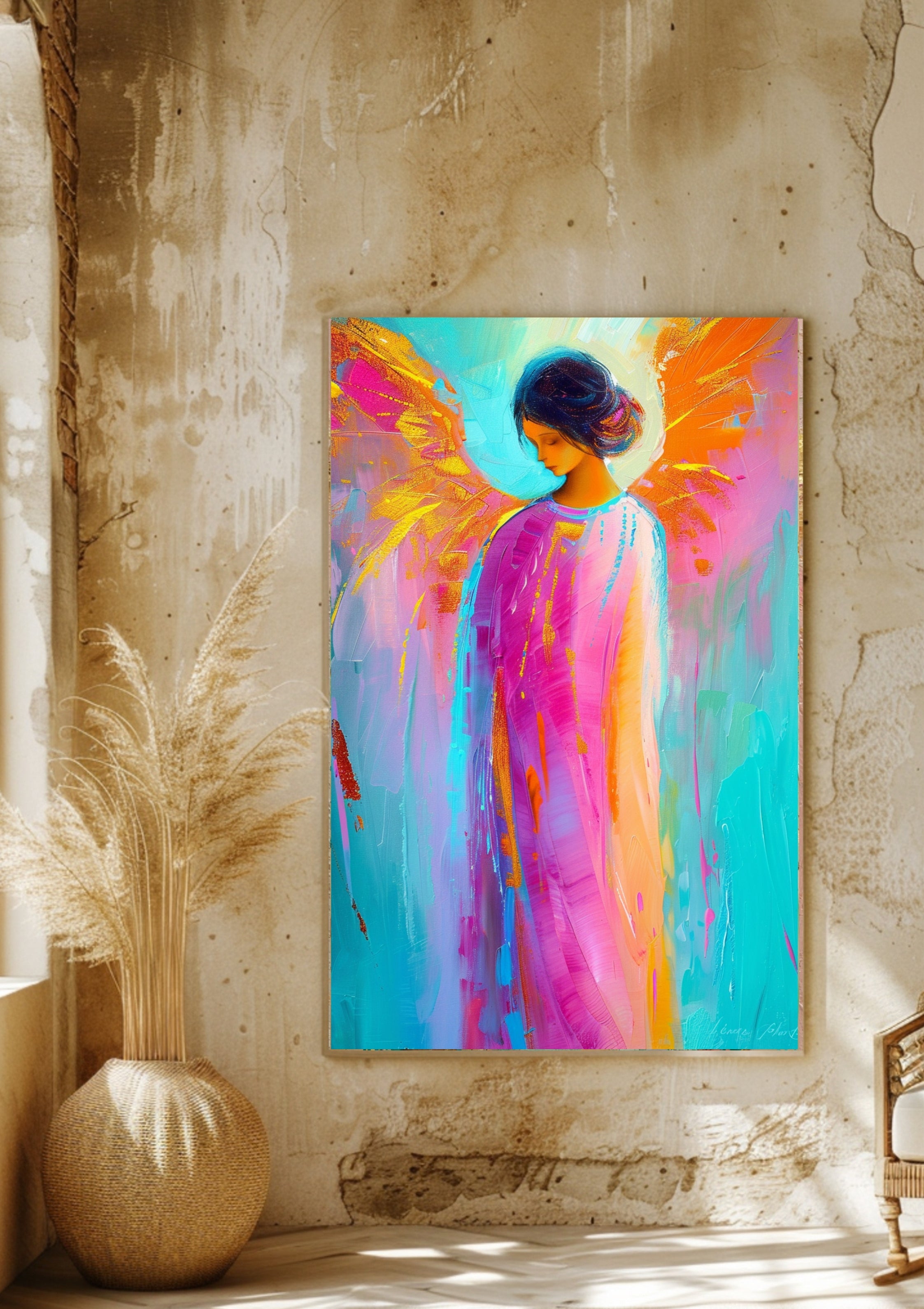 Poster-Buntes Engel Wandbild – Abstraktes Engel Poster, Moderne Wanddekoration, Spirituelle Kunst, Farbiges Engelmotiv