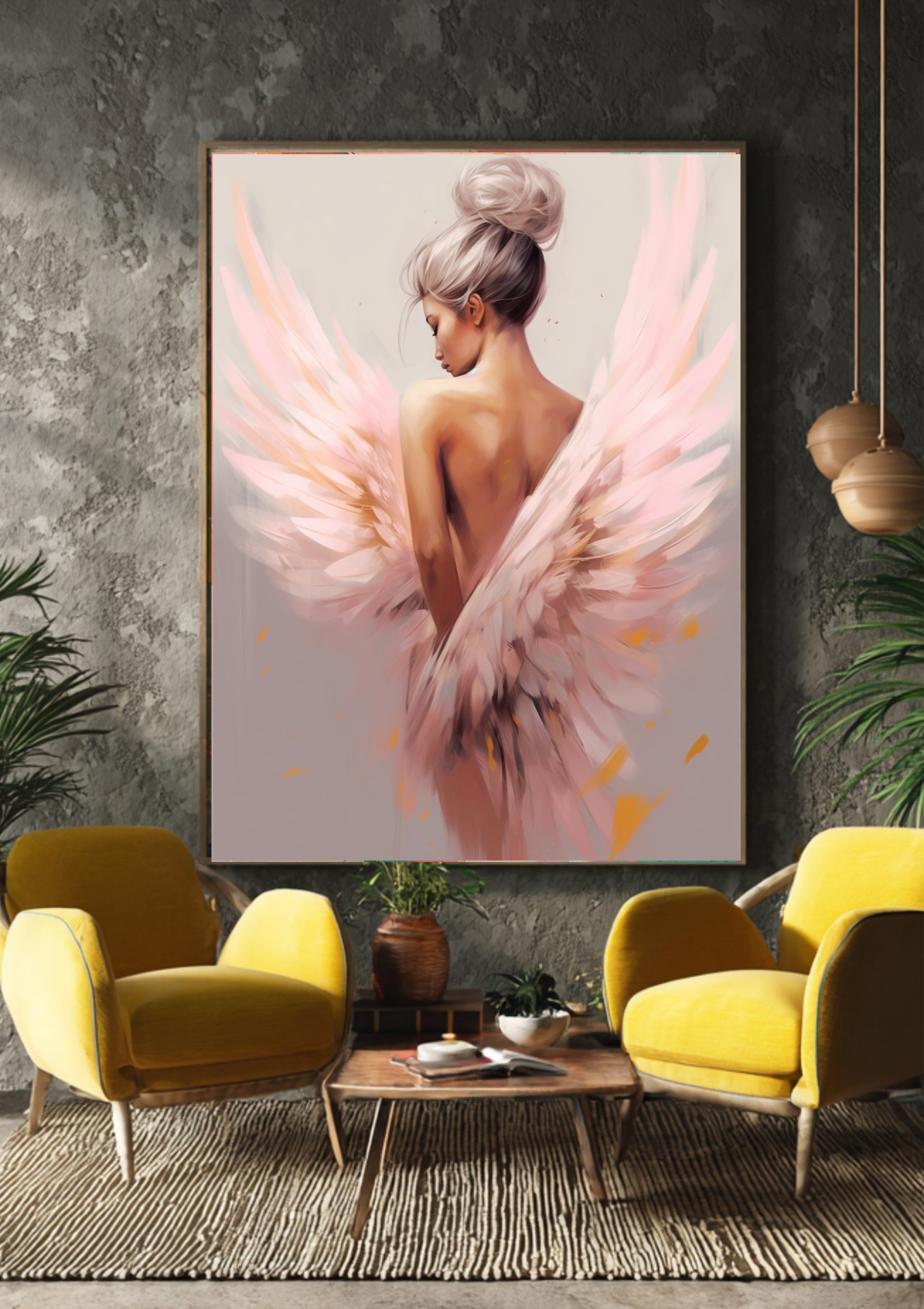 Engel Poster Rosa, modernes Engelbild, Wandbild Engel Frau, digitale Wanddekoration, rosa Flügel Kunst