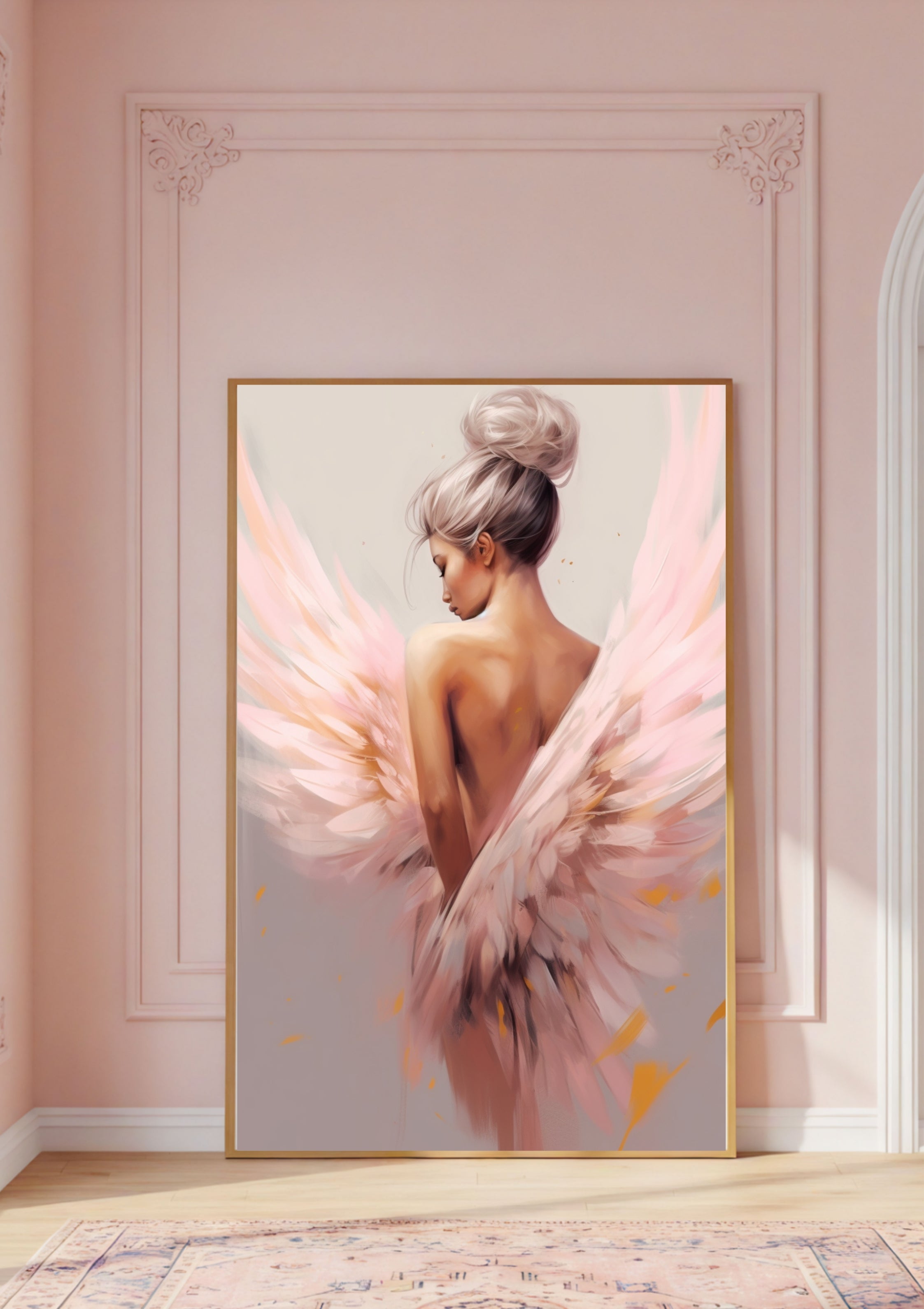 Engel Poster Rosa, modernes Engelbild, Wandbild Engel Frau, digitale Wanddekoration, rosa Flügel Kunst