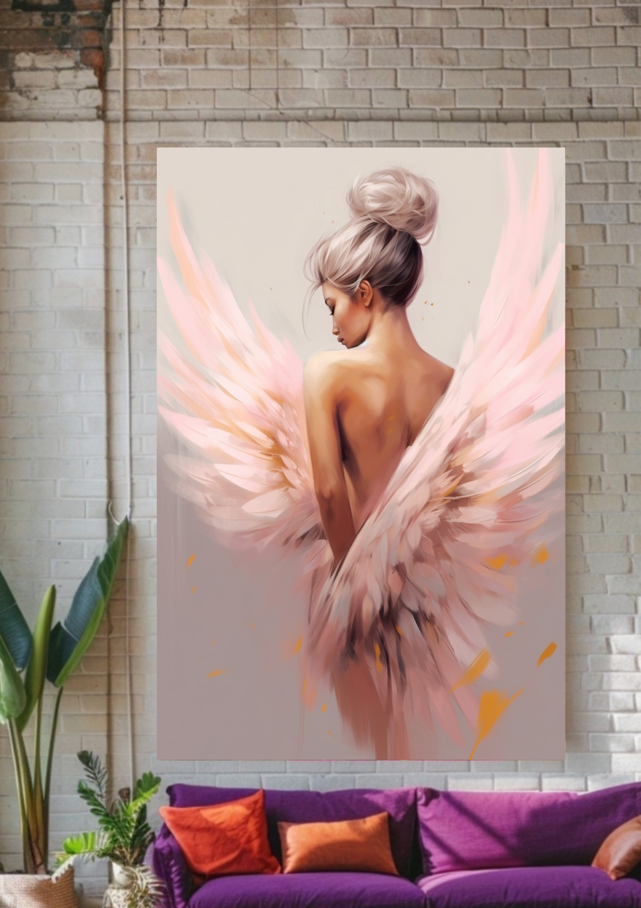 Engel Poster Rosa, modernes Engelbild, Wandbild Engel Frau, digitale Wanddekoration, rosa Flügel Kunst