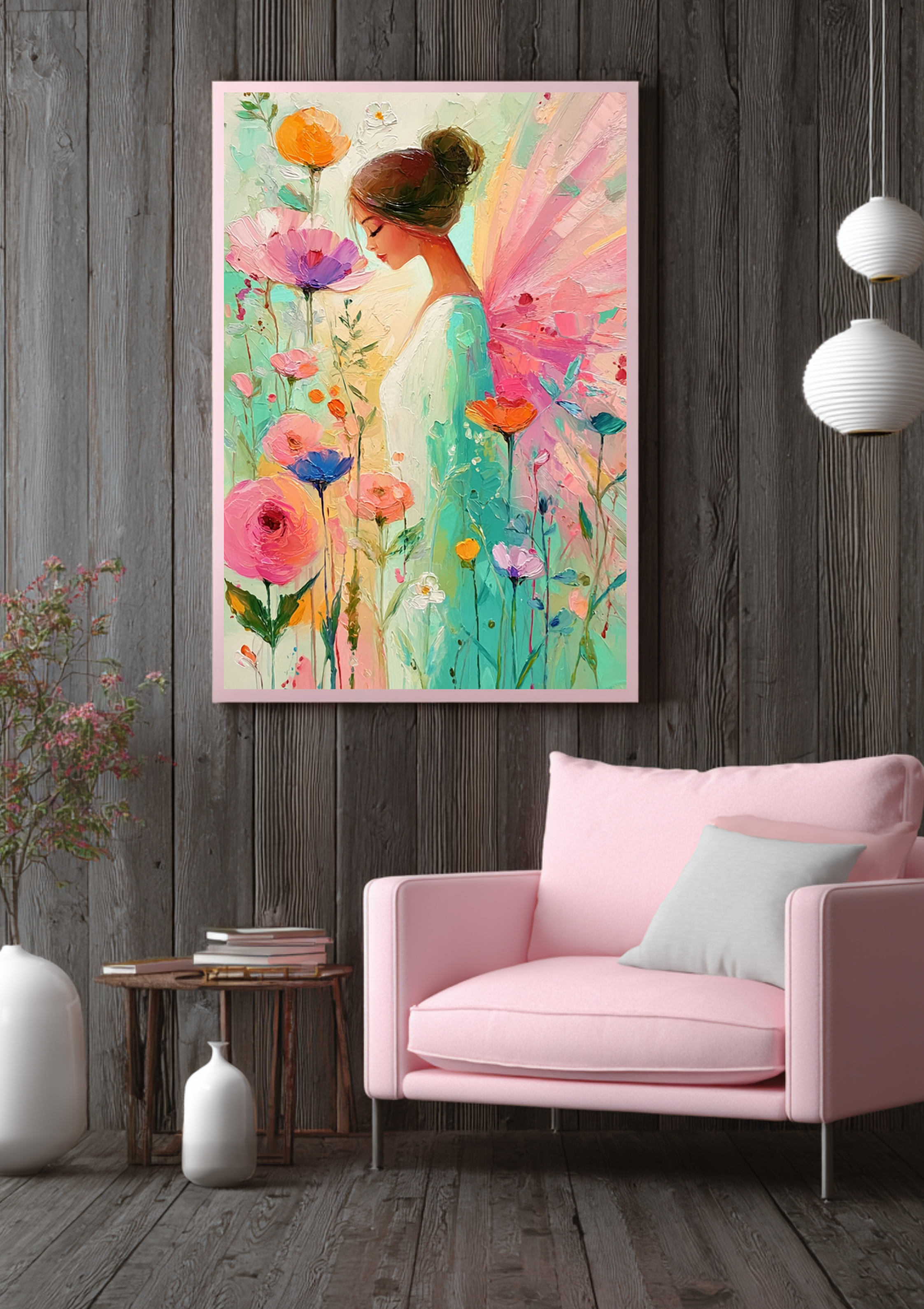 Zarter Pastell Engel – Elegantes Engel Poster, romantisches Wandbild, moderne Blumen Wanddeko