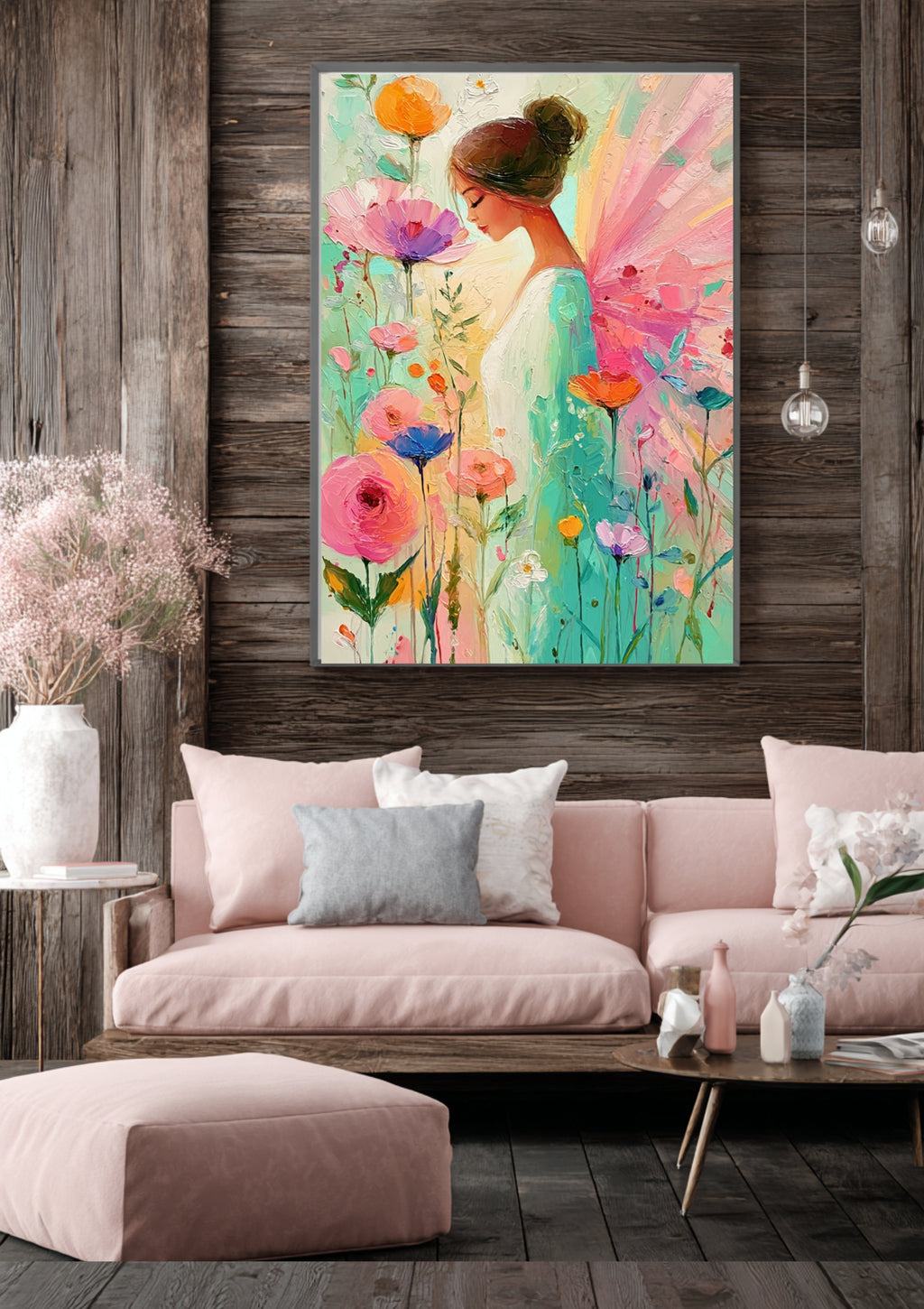 Zarter Pastell Engel – Elegantes Engel Poster, romantisches Wandbild, moderne Blumen Wanddeko