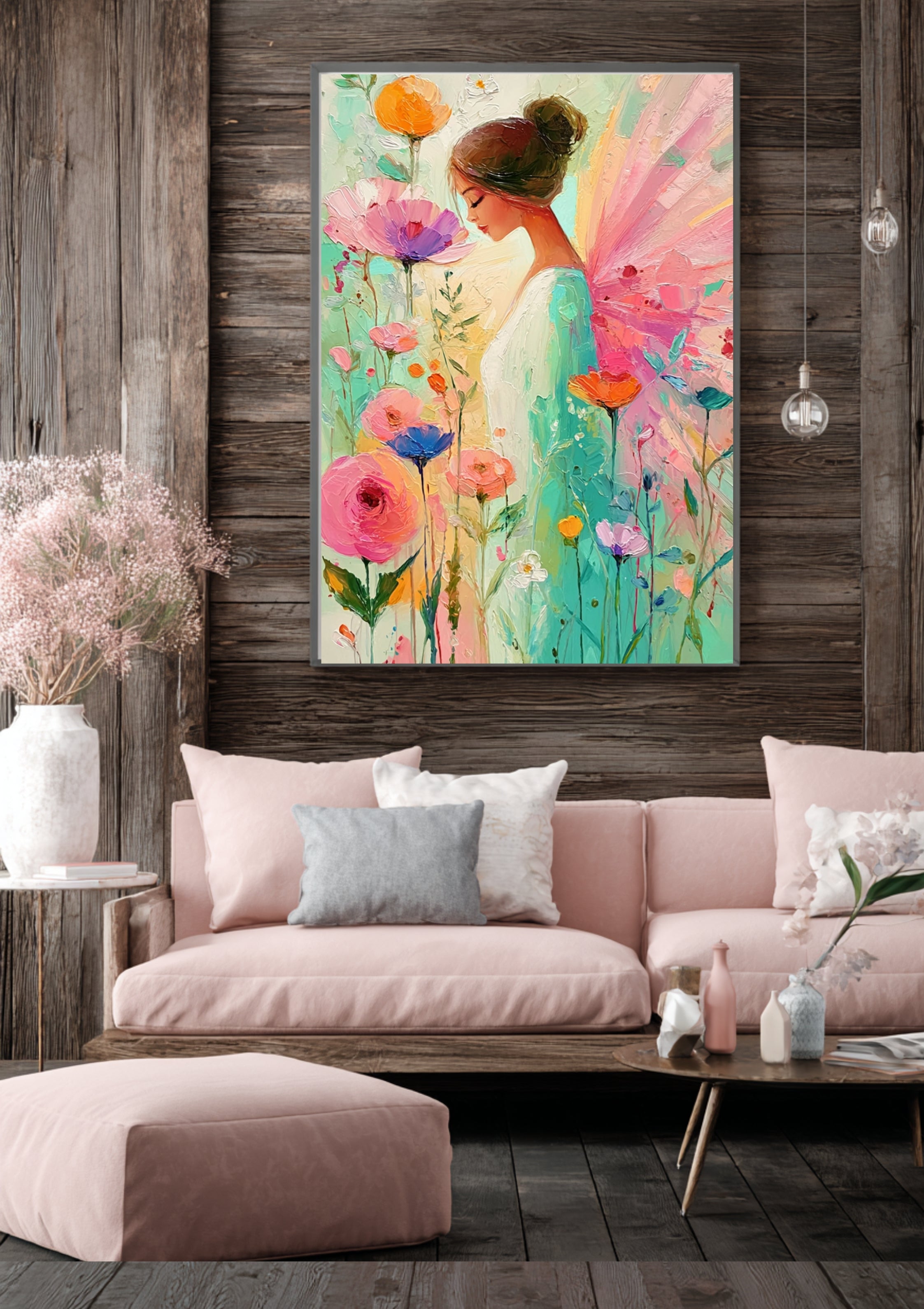 Zarter Pastell Engel – Elegantes Engel Poster, romantisches Wandbild, moderne Blumen Wanddeko