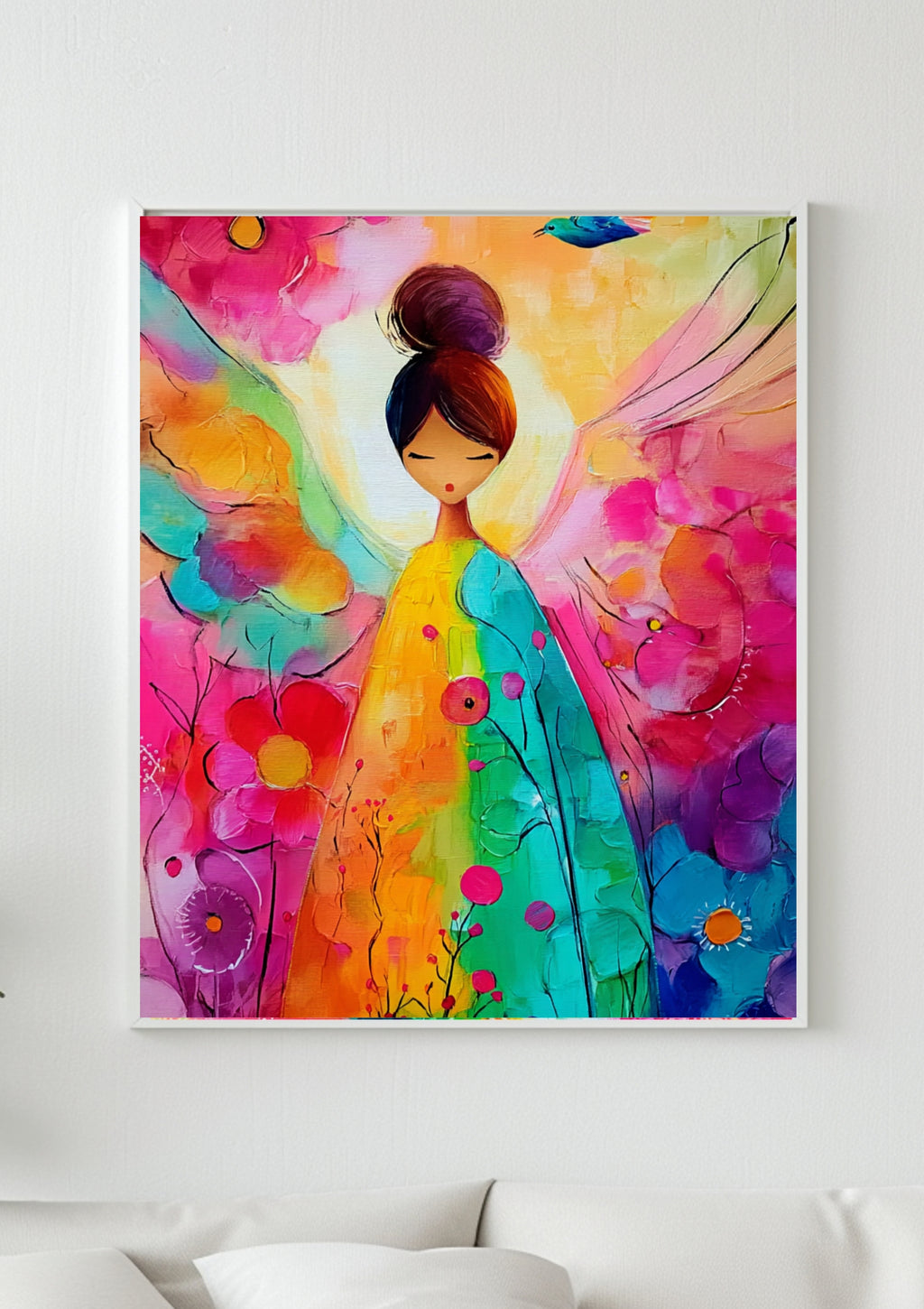 Bunter Engel mit Blumen – Fröhliches Poster, farbenfrohes Engel Wandbild, moderne Wanddeko