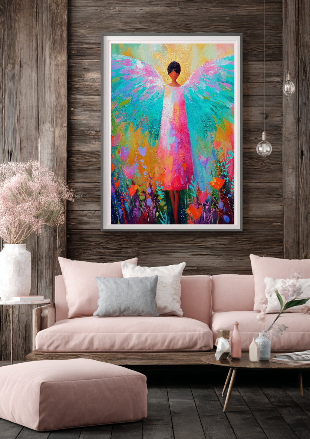 Bunter Pastell Engel – Farbiges Engel Poster, modernes Wandbild, leuchtende Wanddeko