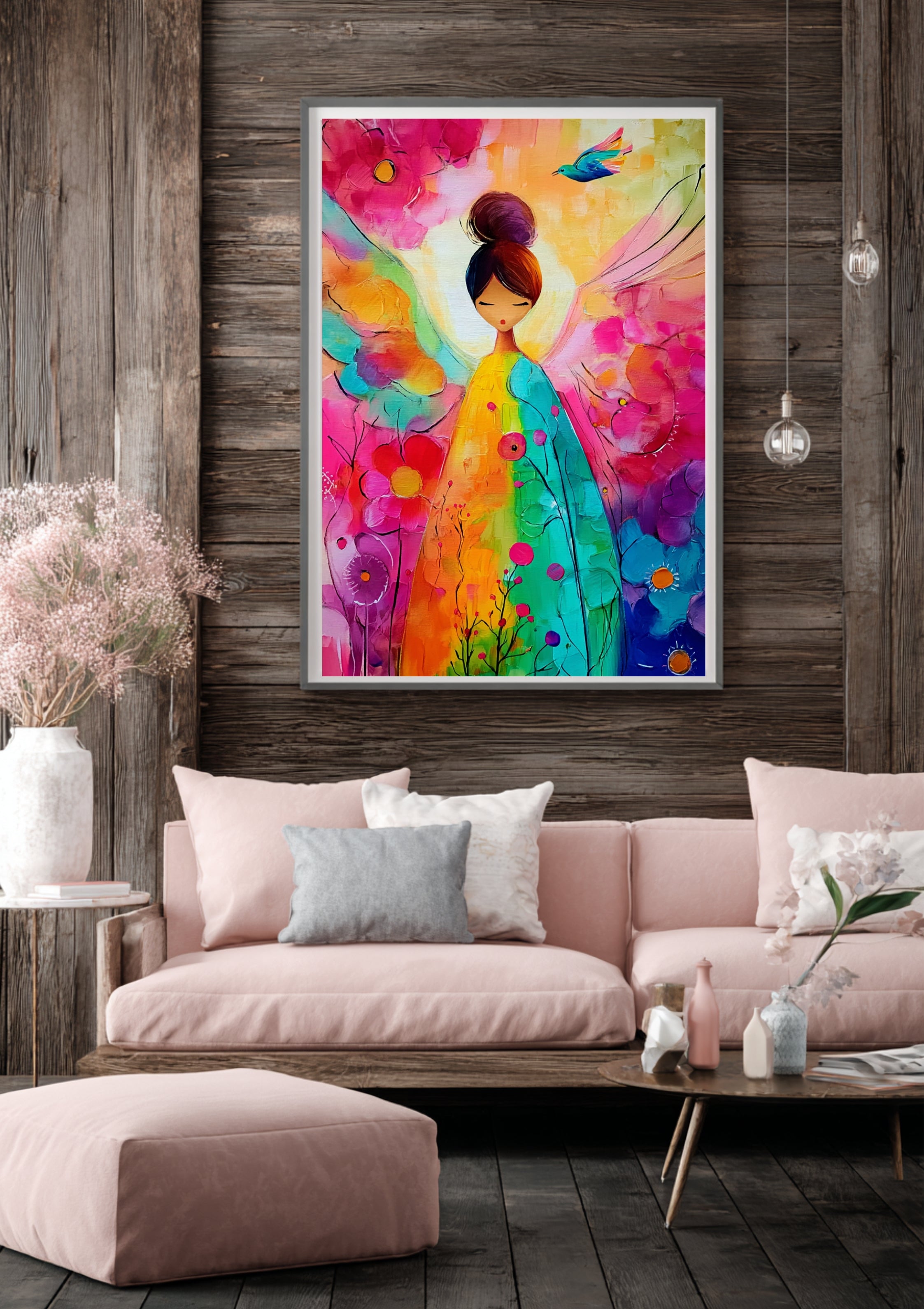 Bunter Engel mit Blumen – Fröhliches Poster, farbenfrohes Engel Wandbild, moderne Wanddeko