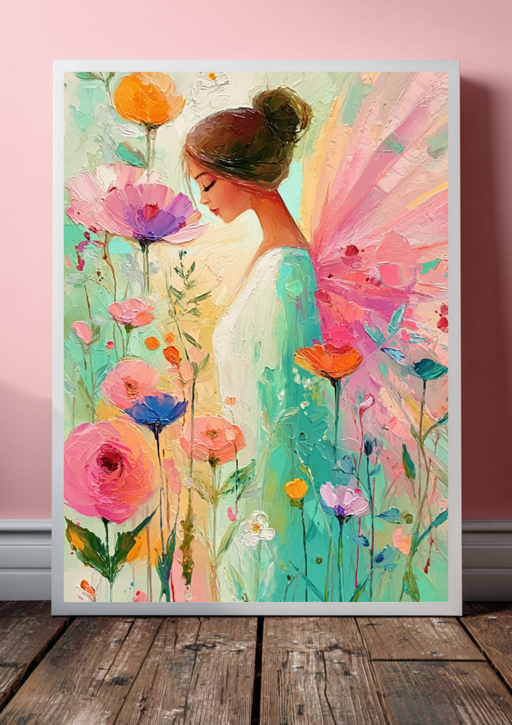 Zarter Pastell Engel – Elegantes Engel Poster, romantisches Wandbild, moderne Blumen Wanddeko