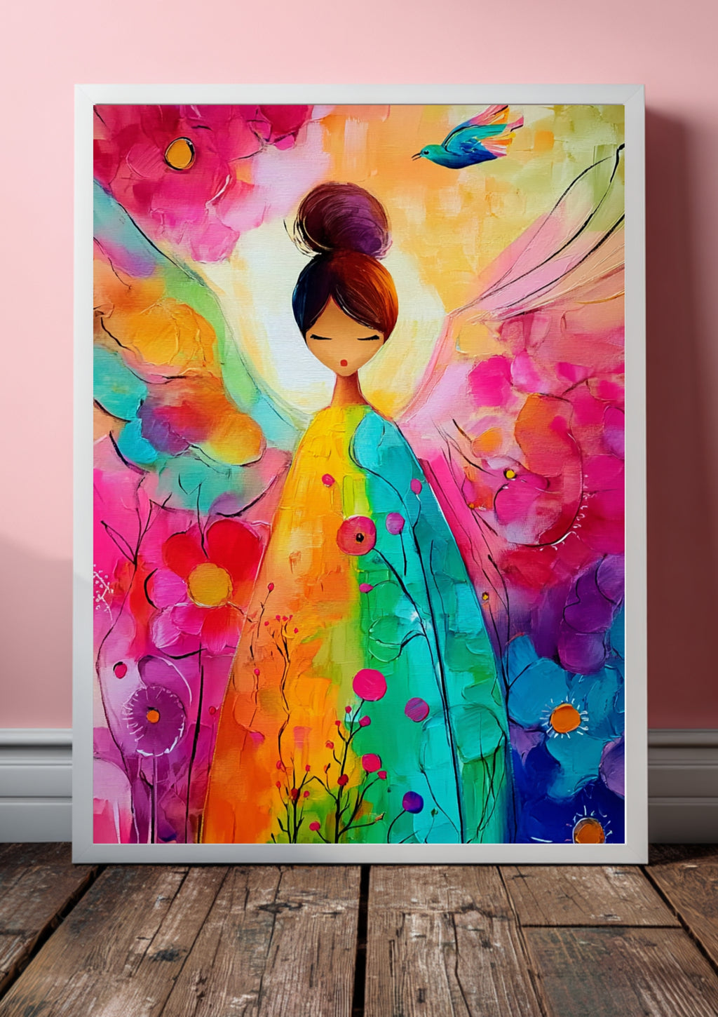 Bunter Engel mit Blumen – Fröhliches Poster, farbenfrohes Engel Wandbild, moderne Wanddeko