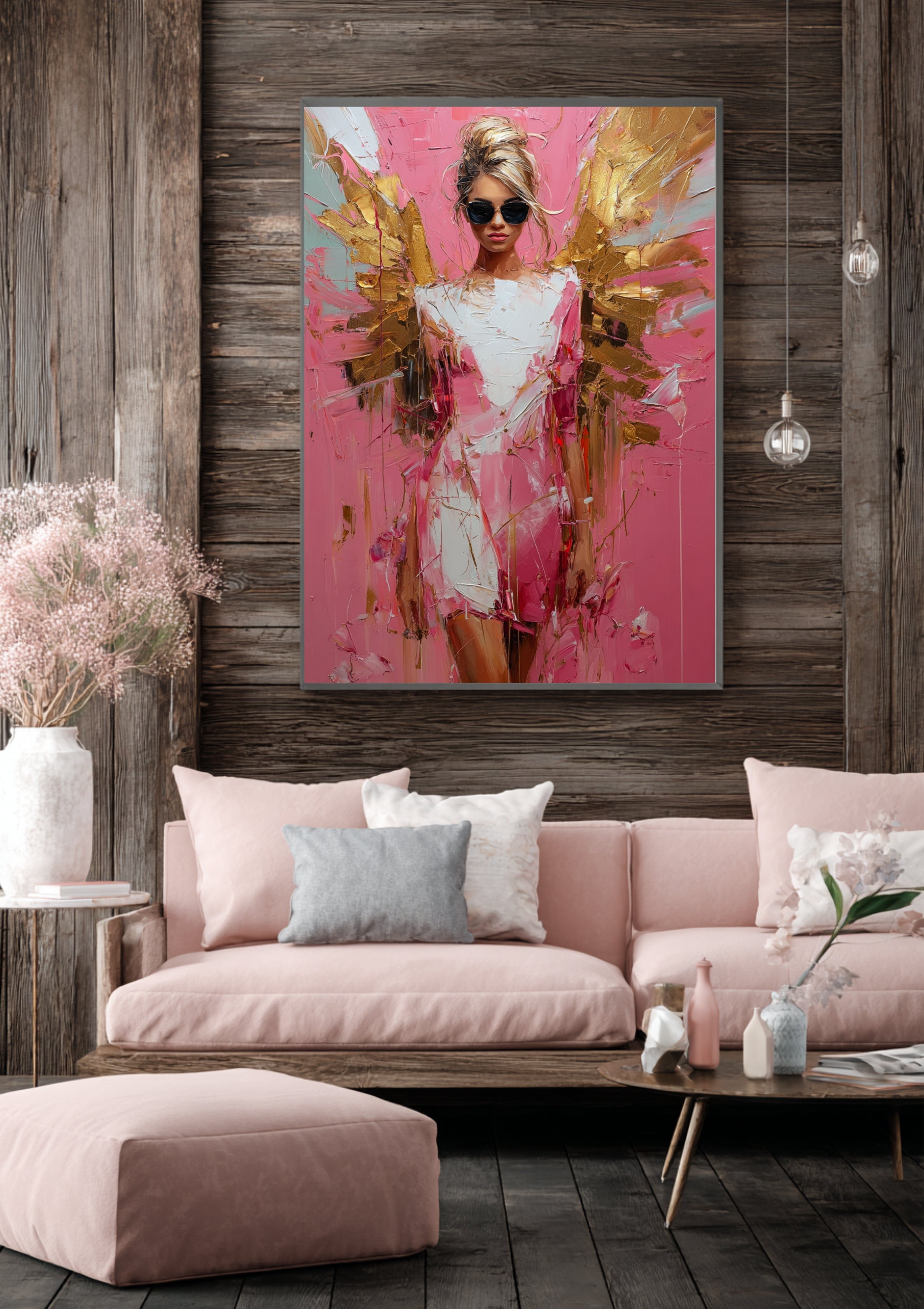 Moderner Engel in Pink und Gold – Trendige Engelkunst Poster Wandbild