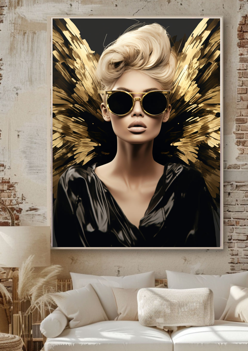 Fashion Engel Poster in Gold und Schwarz – Moderner Glamour Engel Art Print, Luxus Wandbild, Extravagante Engel Fashion Kunst