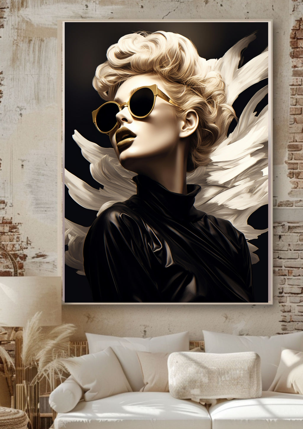 Fashion Engel Poster in Schwarz Beige – Moderner Glamour Engel, Golden Chic Art Print, Trendige Engel Wanddeko