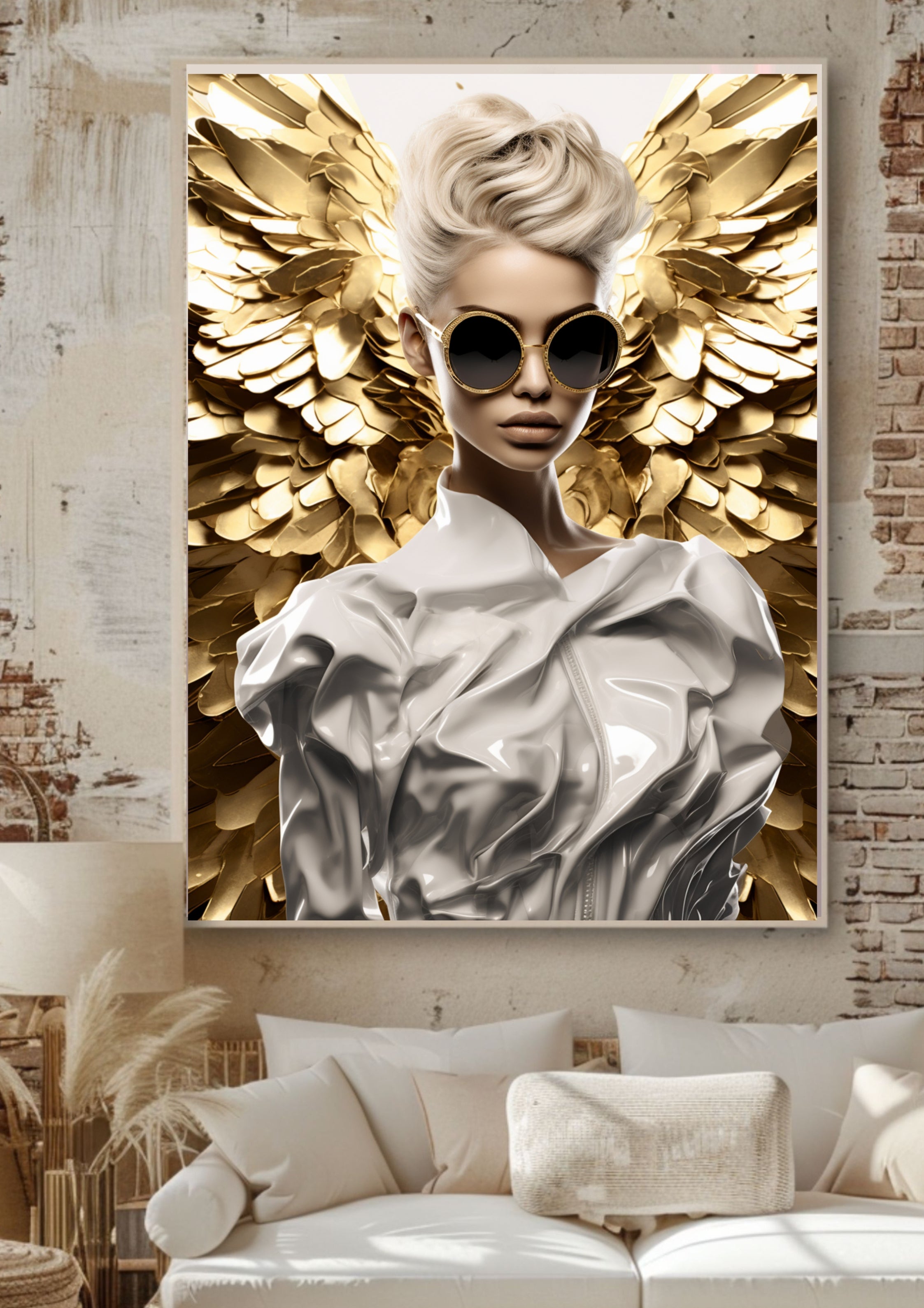 Gold Weiß Fashion Engel Poster – Modernes Glamour Wandbild, Luxus Engel Kunst, Elegante Contemporary Art