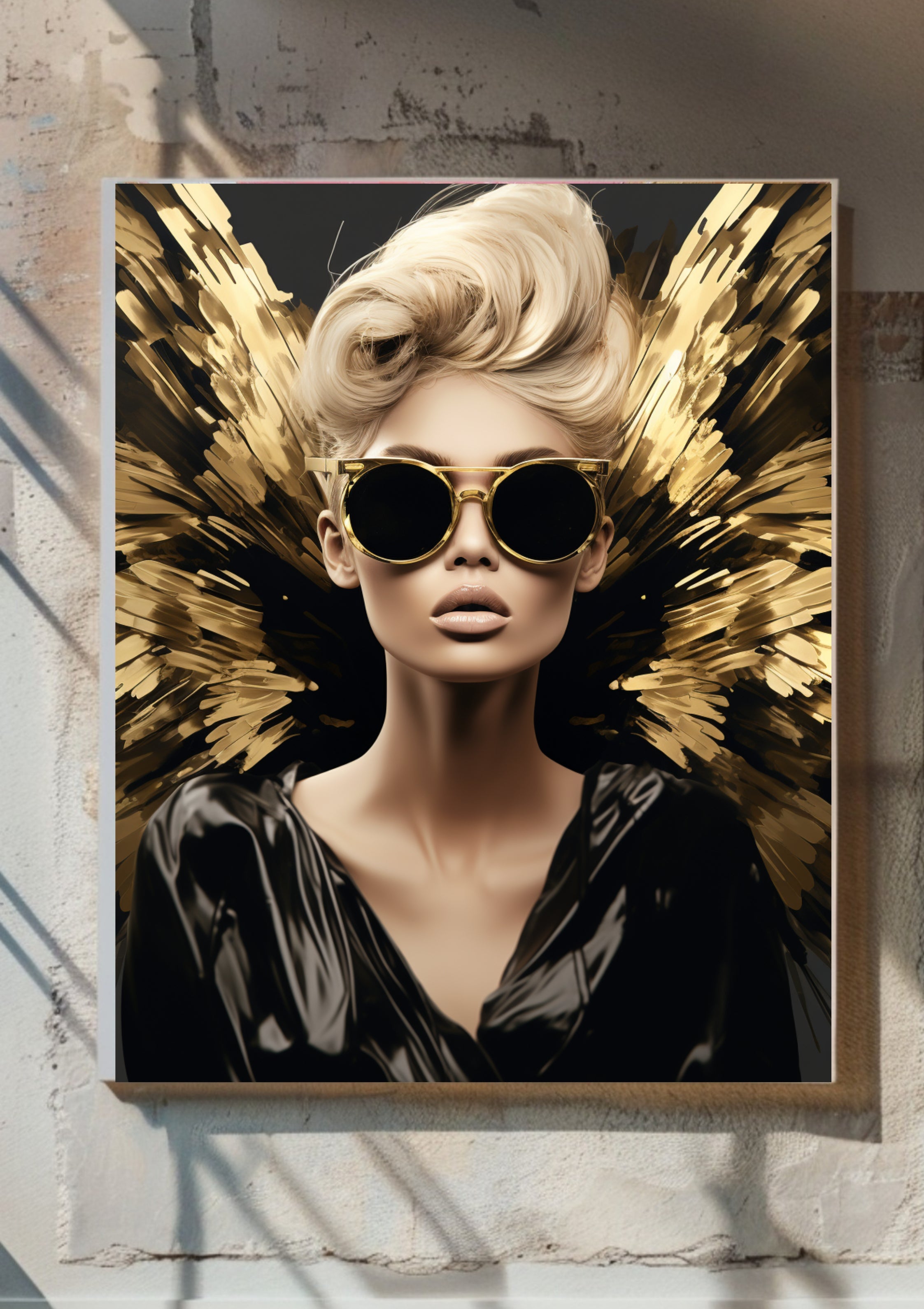 Fashion Engel Poster in Gold und Schwarz – Moderner Glamour Engel Art Print, Luxus Wandbild, Extravagante Engel Fashion Kunst