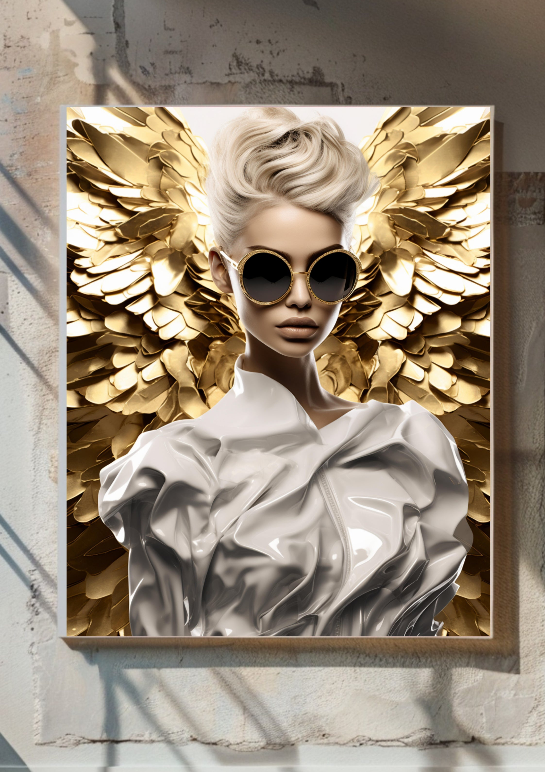 Gold Weiß Fashion Engel Poster – Modernes Glamour Wandbild, Luxus Engel Kunst, Elegante Contemporary Art