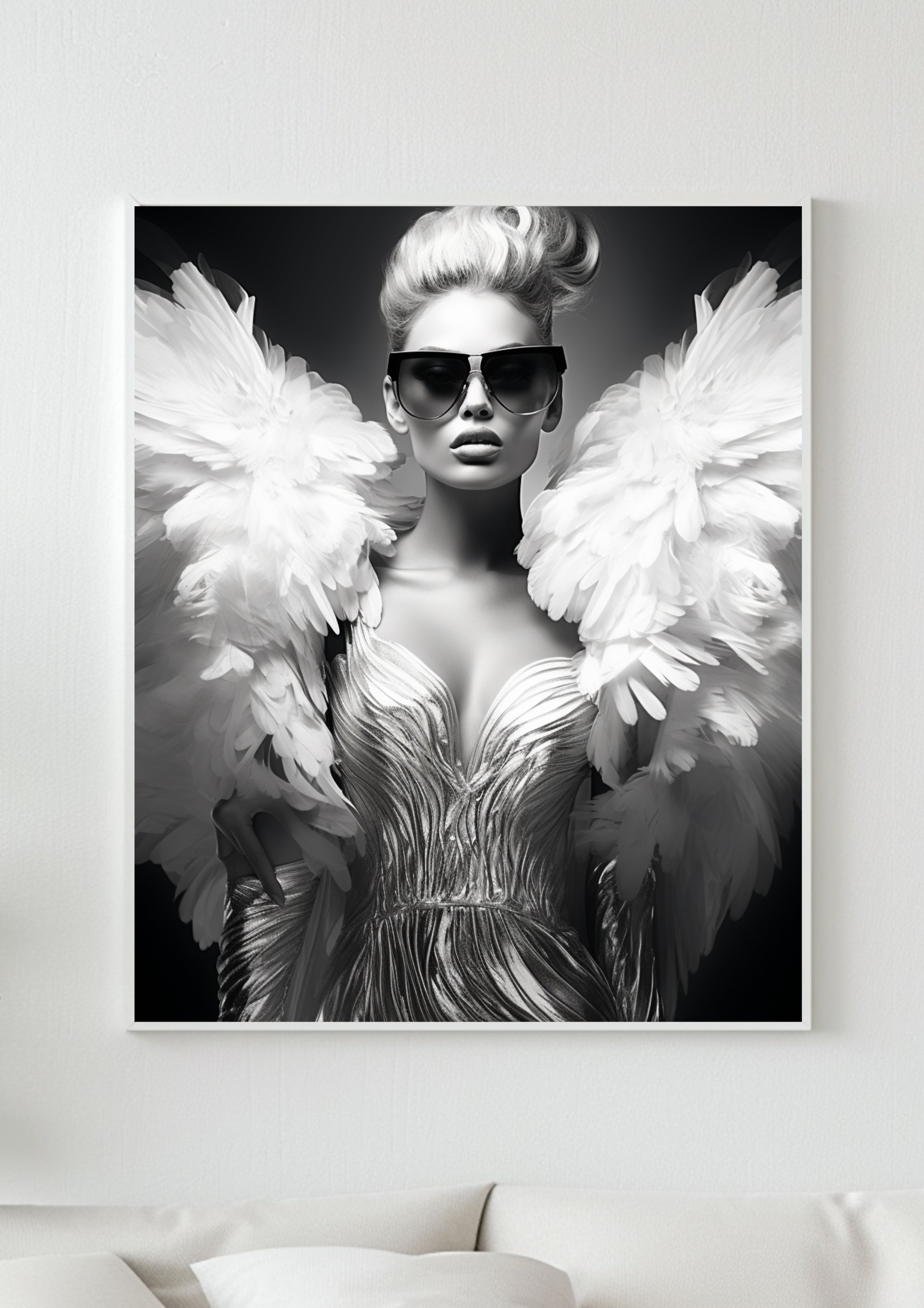 Schwarz Weiß Fashion Engel Poster – Moderner Glamour Engel, Stylisches Wandbild, Elegante Engelskunst
