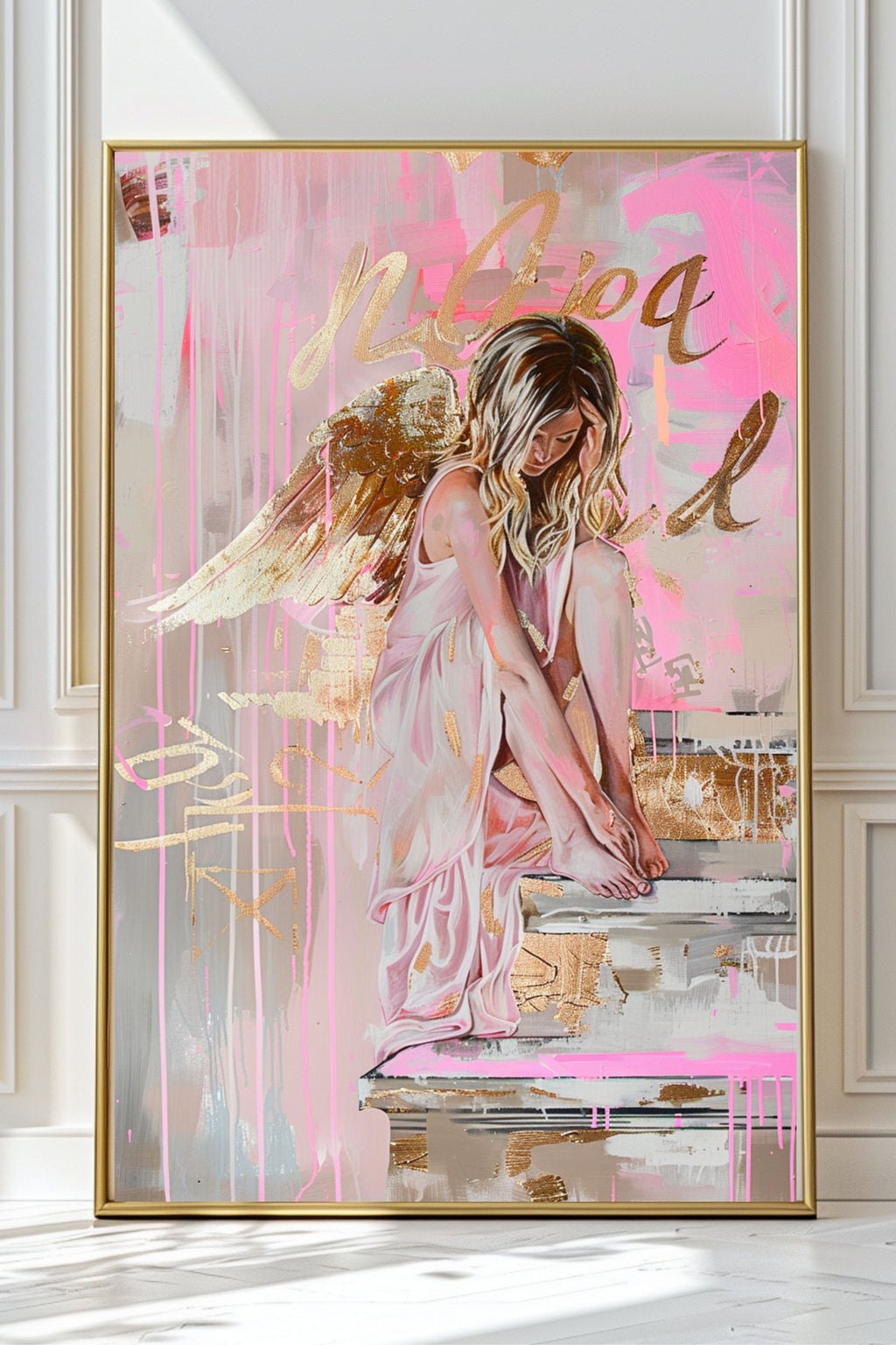 Angel Wings Poster – abstraktes Wandbild als Kunstdruck in Rosa, Apricot & Metallic Gold, moderner GoldRing Engel fürs Wohnzimmer
