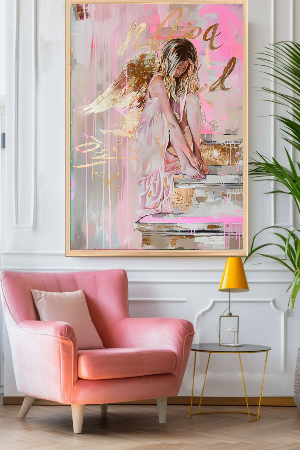 Angel Wings Poster – abstraktes Wandbild als Kunstdruck in Rosa, Apricot & Metallic Gold, moderner GoldRing Engel fürs Wohnzimmer