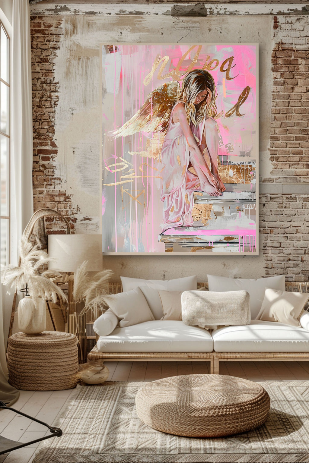 Angel Wings Poster – abstraktes Wandbild als Kunstdruck in Rosa, Apricot & Metallic Gold, moderner GoldRing Engel fürs Wohnzimmer
