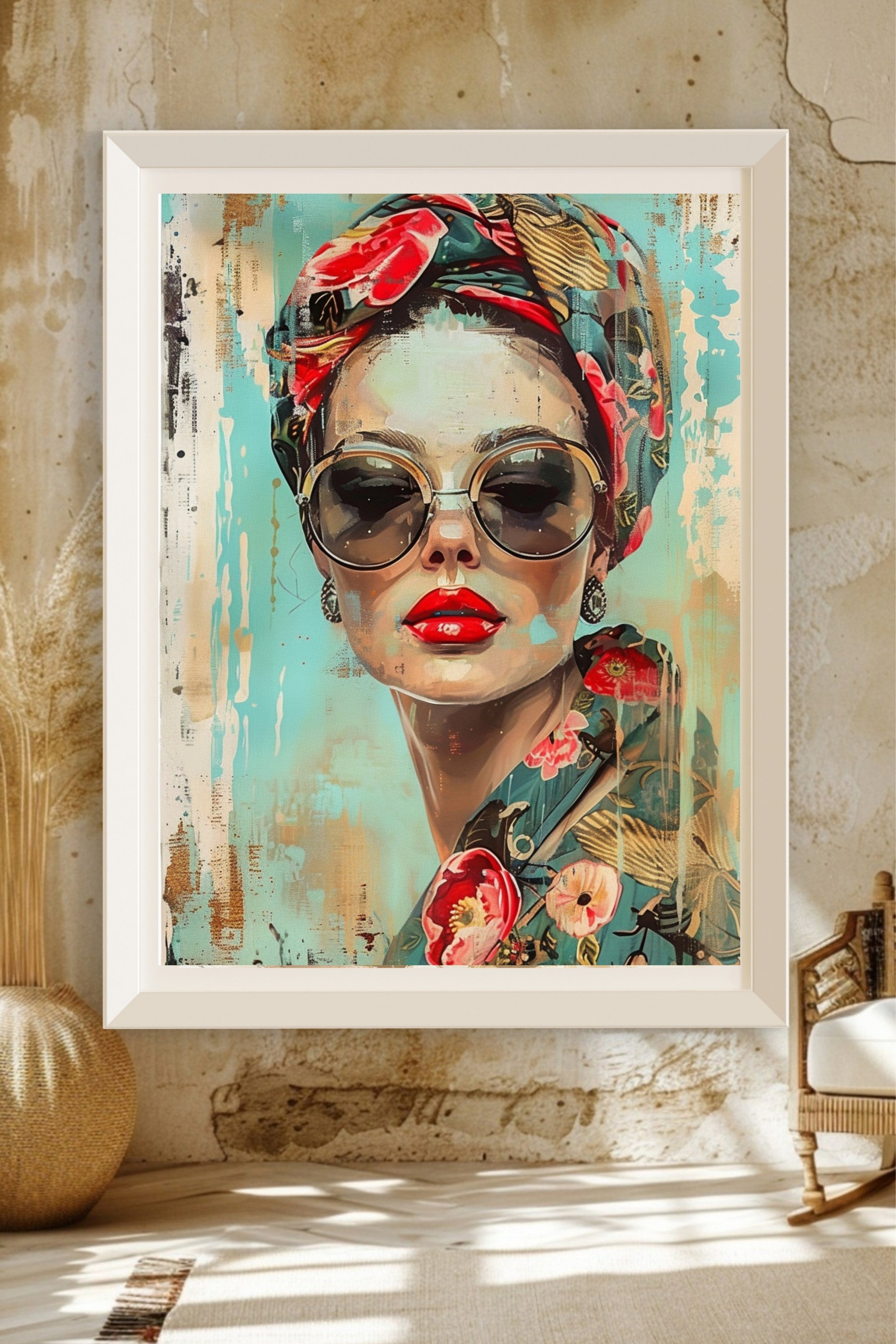 Vintage Boho Frauen Poster – Fashion Art Kunstdruck – Retro Wanddeko mit Sonnenbrille – Stilvolle Boho Wandkunst