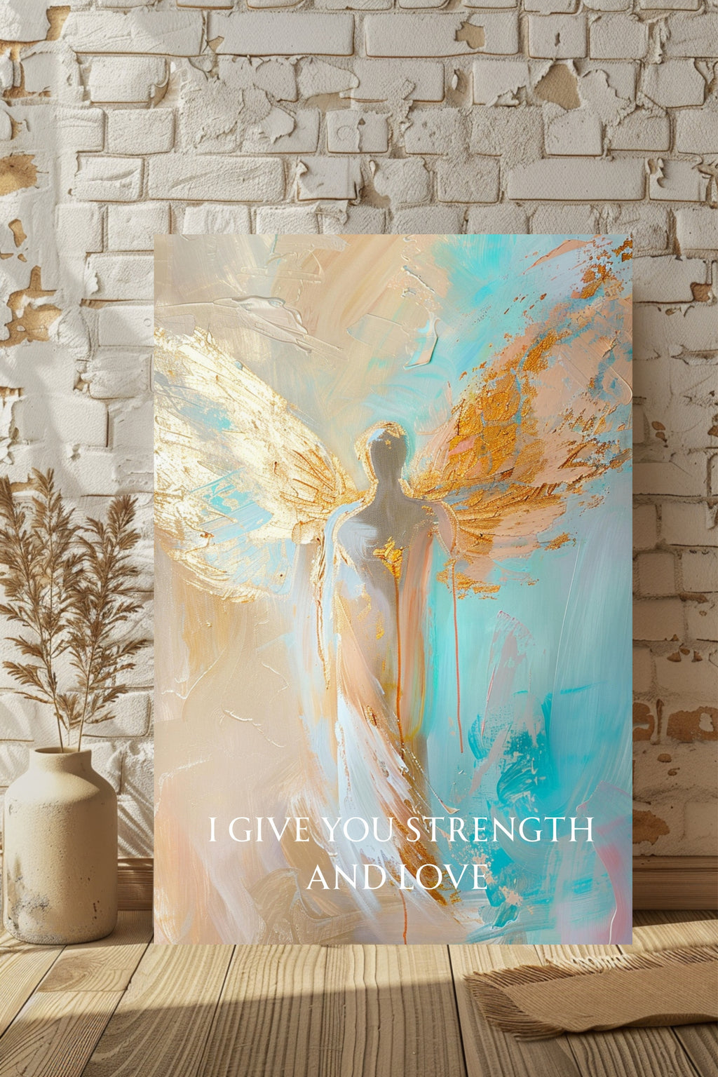 Abstraktes Engel Leinwandbild mit Rahmen – Spirituelle Wandkunst in Gold  Beige – Modernes Engelbild für Wohnzimmer  Schlafzimmer