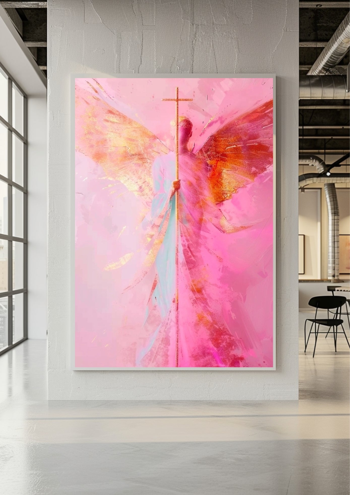 Engel mit Kreuz Kunstdruck – Christliche Wandkunst, Schutzengel Bild, Spirituelle Kunst, Glaube & Hoffnung, Rosa Engel Flügel Poster
