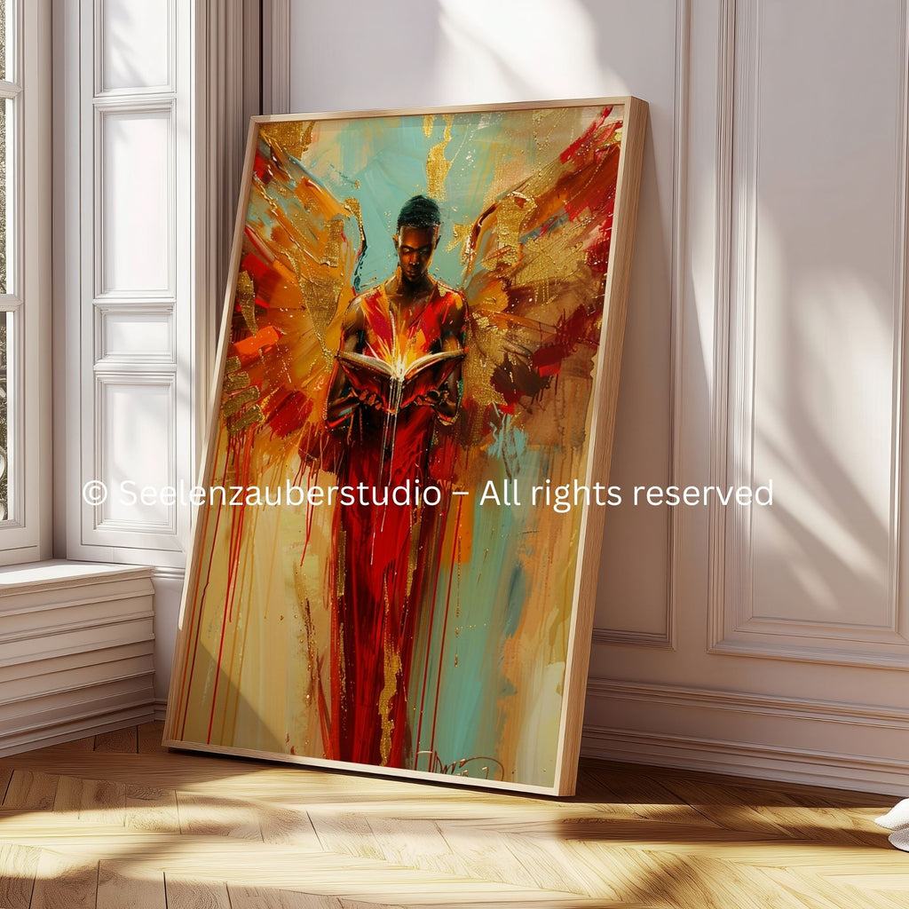 Poster Erzengel Uriel – Spirituelle Engel Kunst mit Buch und Flügeln, Moderne Schutzengel Wanddeko in Rot Gold,