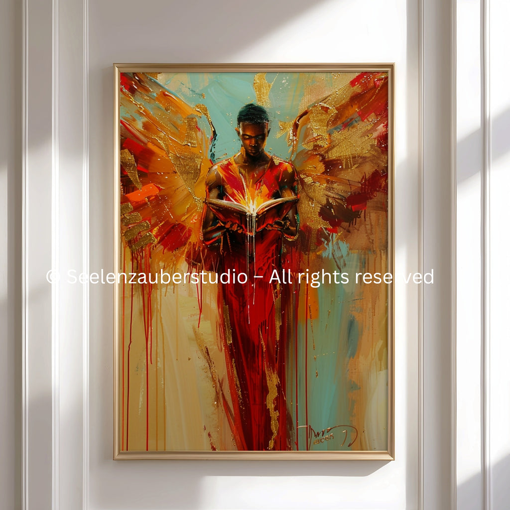 Poster Erzengel Uriel – Spirituelle Engel Kunst mit Buch und Flügeln, Moderne Schutzengel Wanddeko in Rot Gold,