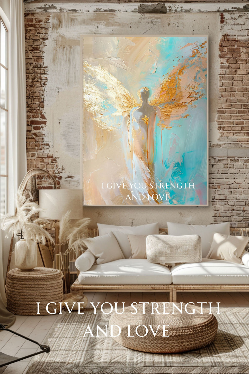 Abstraktes Engel Leinwandbild mit Rahmen – Spirituelle Wandkunst in Gold  Beige – Modernes Engelbild für Wohnzimmer  Schlafzimmer