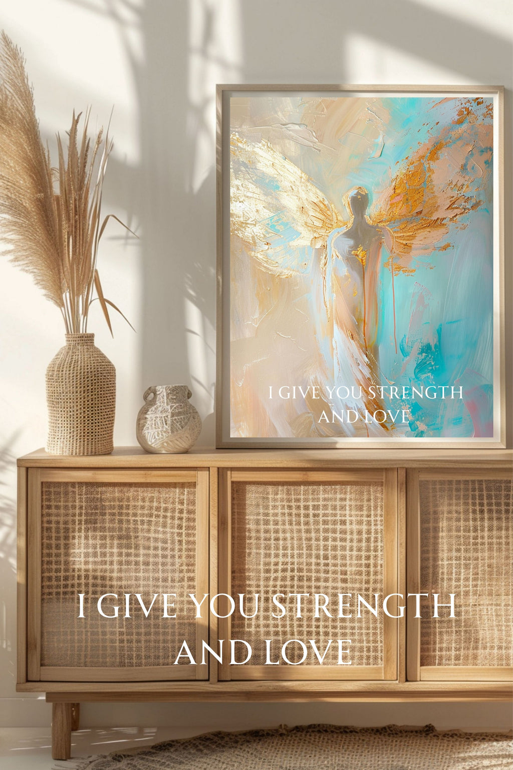 Abstraktes Engel Leinwandbild mit Rahmen – Spirituelle Wandkunst in Gold  Beige – Modernes Engelbild für Wohnzimmer  Schlafzimmer