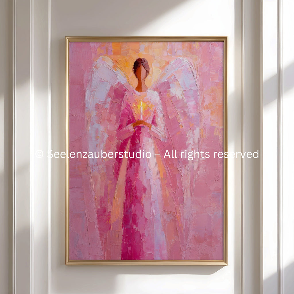 Archangel Chamuel Poster – Pink Angel Art | Spiritual Wall Art Full of Love, Heart Energy &amp; Harmony