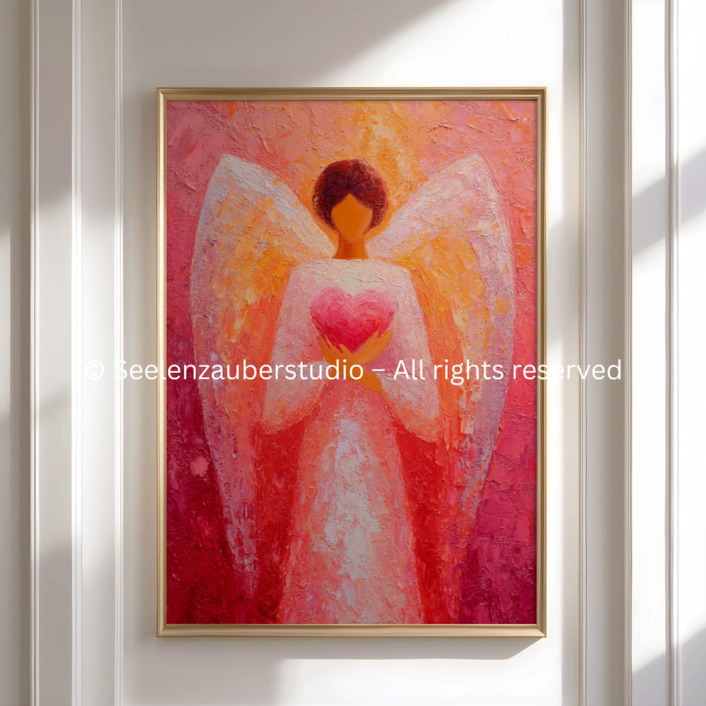 Guardian Angel Poster Red Orange | Heart Angel Wall Art | Spiritual Art Print | Love Angel Print | Warm Colors Decoration | Gift